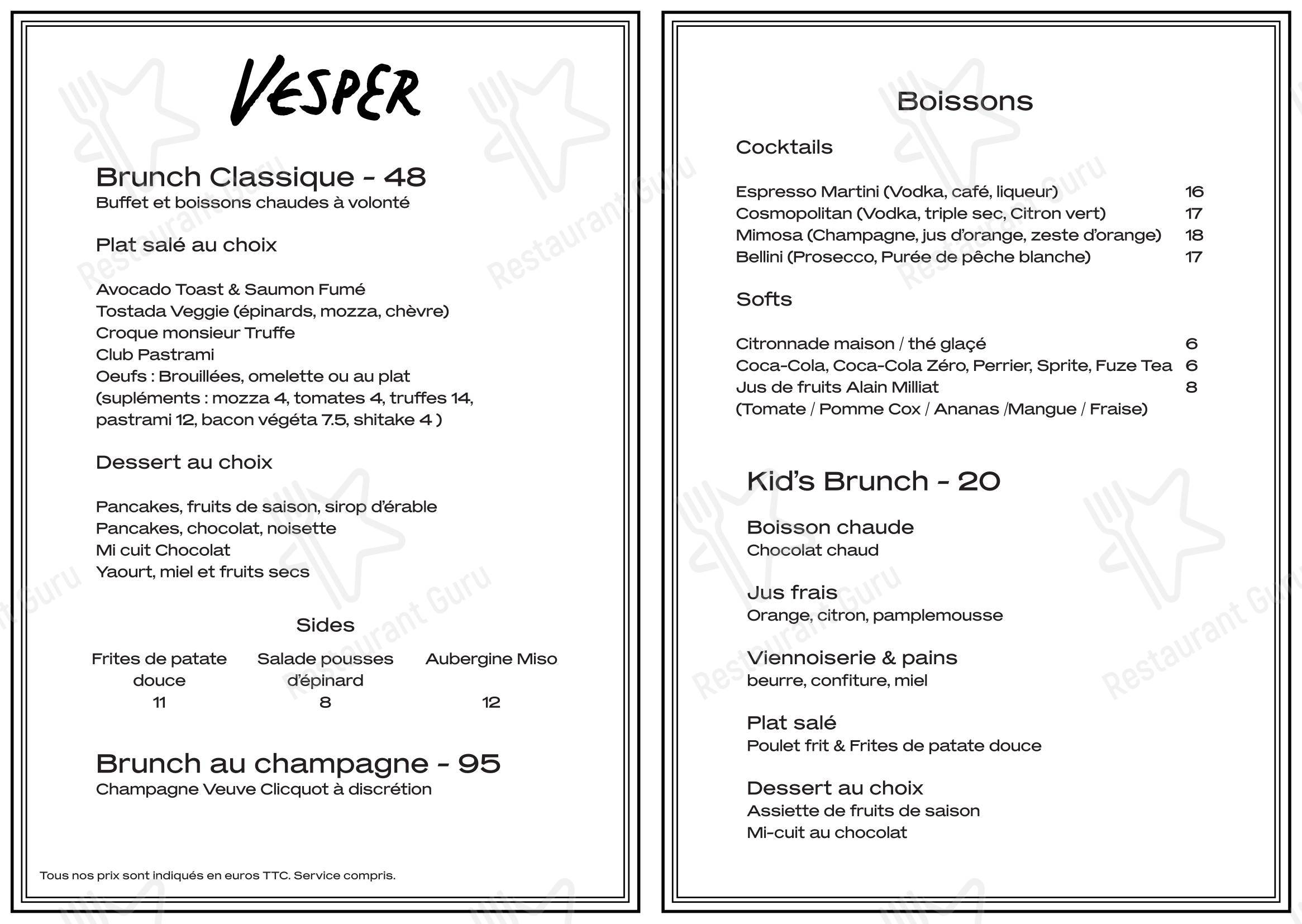 Ночное меню pour Vesper restaurant