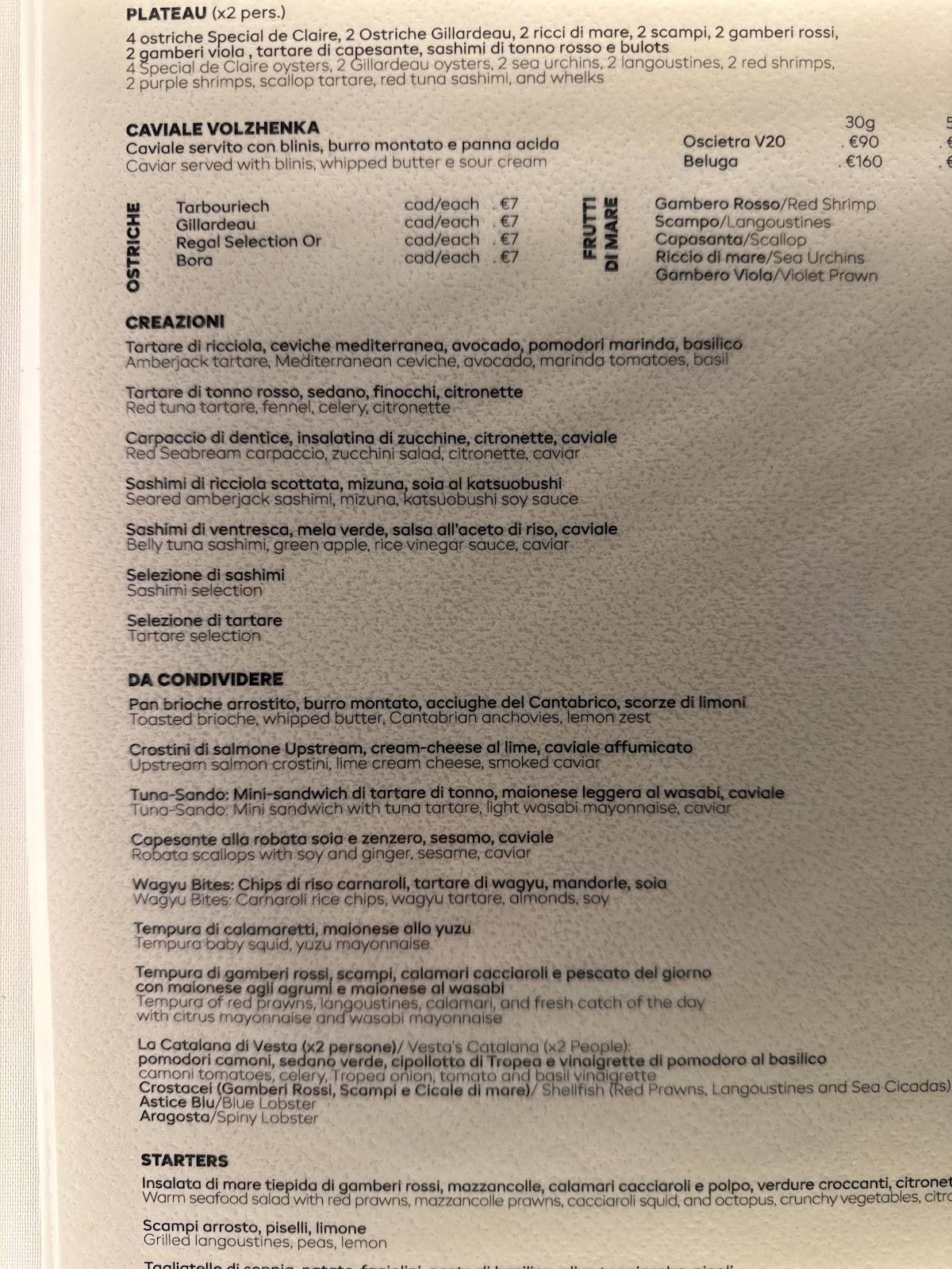 Menu di Vesta Milano 