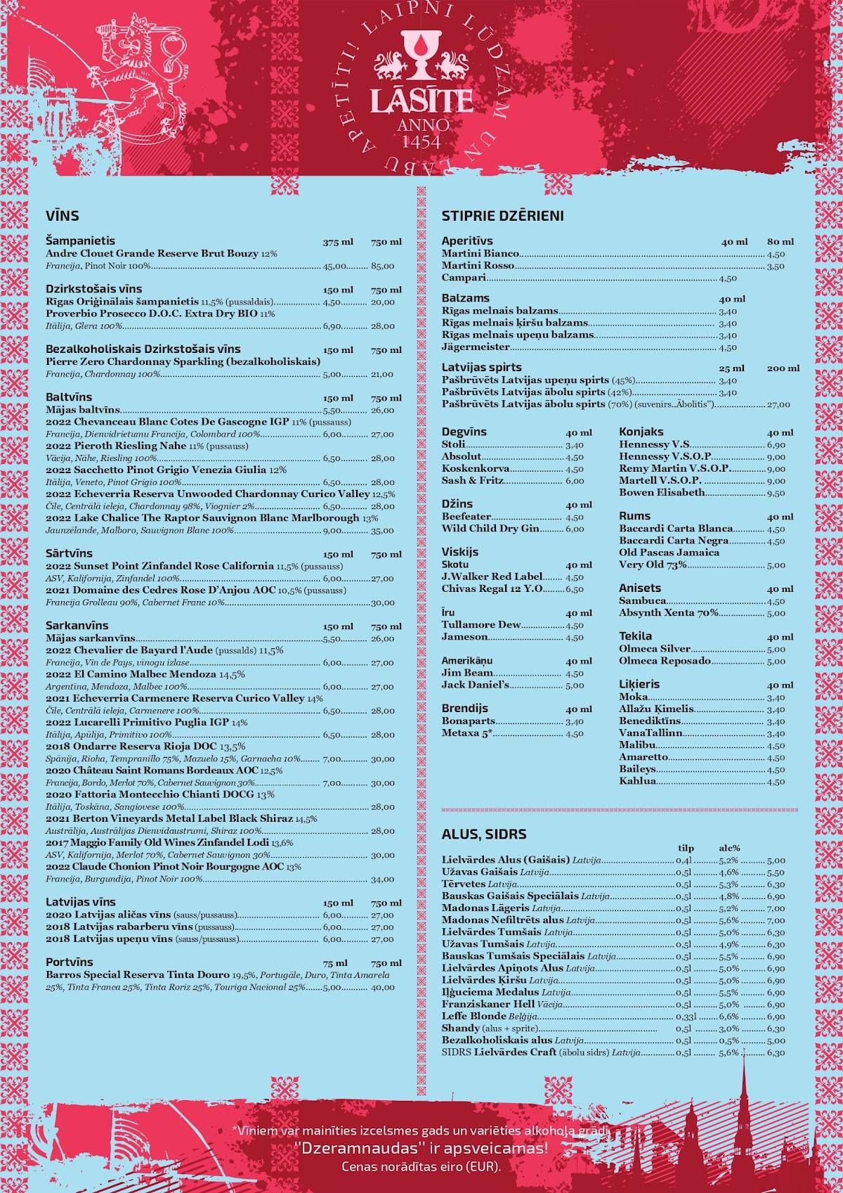 Viduslaiku restorāns LĀSĪTE menu