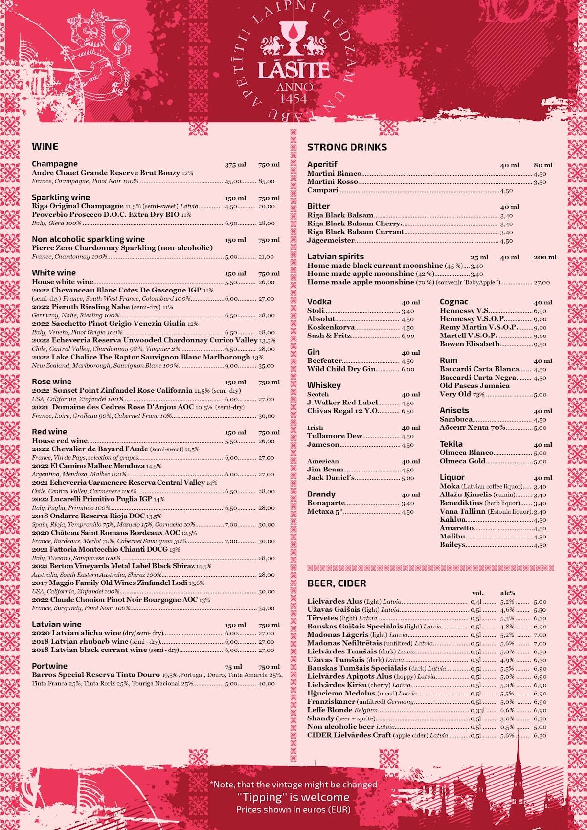 Viduslaiku restorāns LĀSĪTE menu