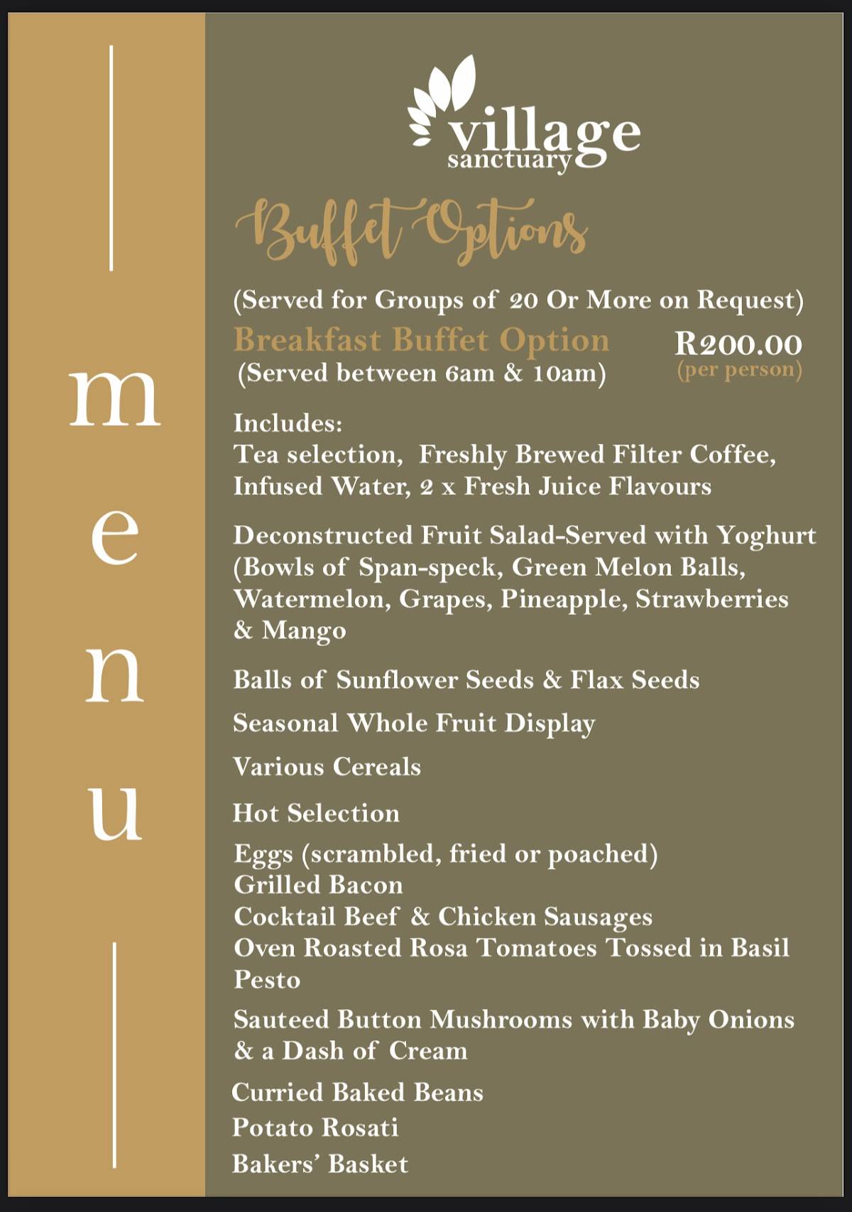 Menu at Village Sanctuary restaurant, Zebediela