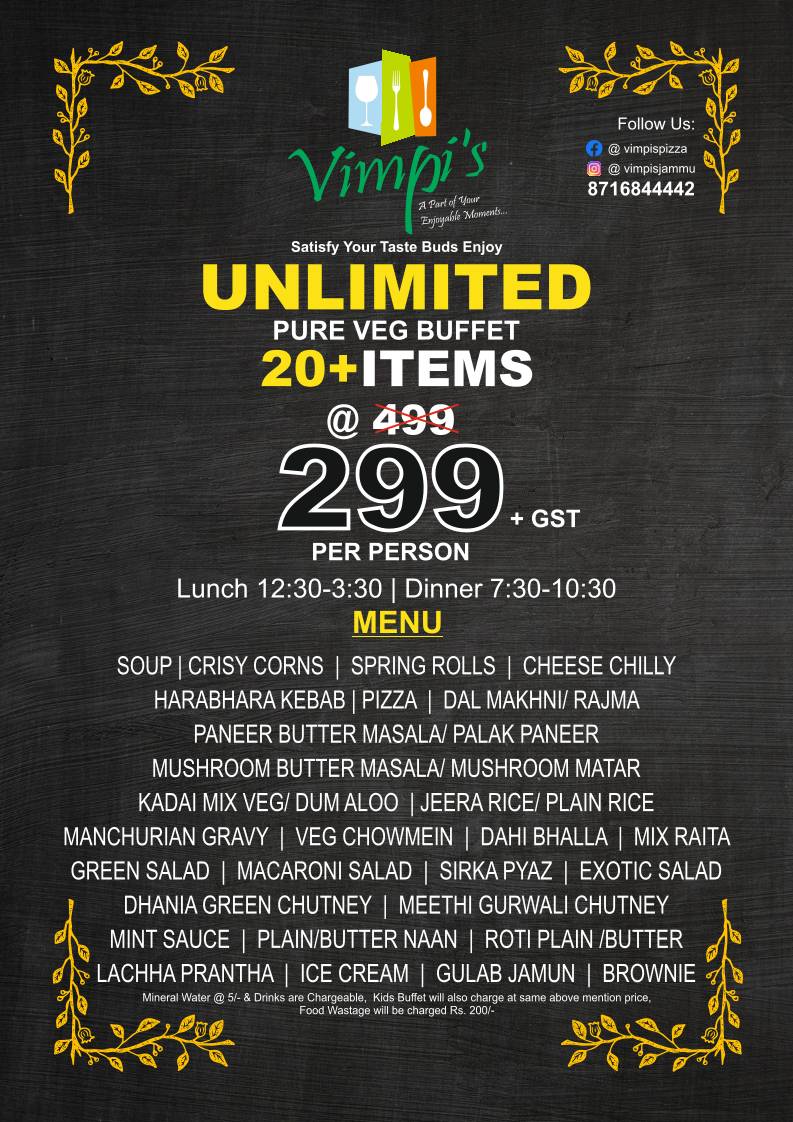 Vimpis - Best Family & Buffet Restaurant in Jammu menu