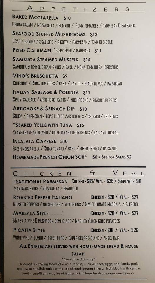 Menu at Vino's Ristorante restaurant, Cedar Rapids