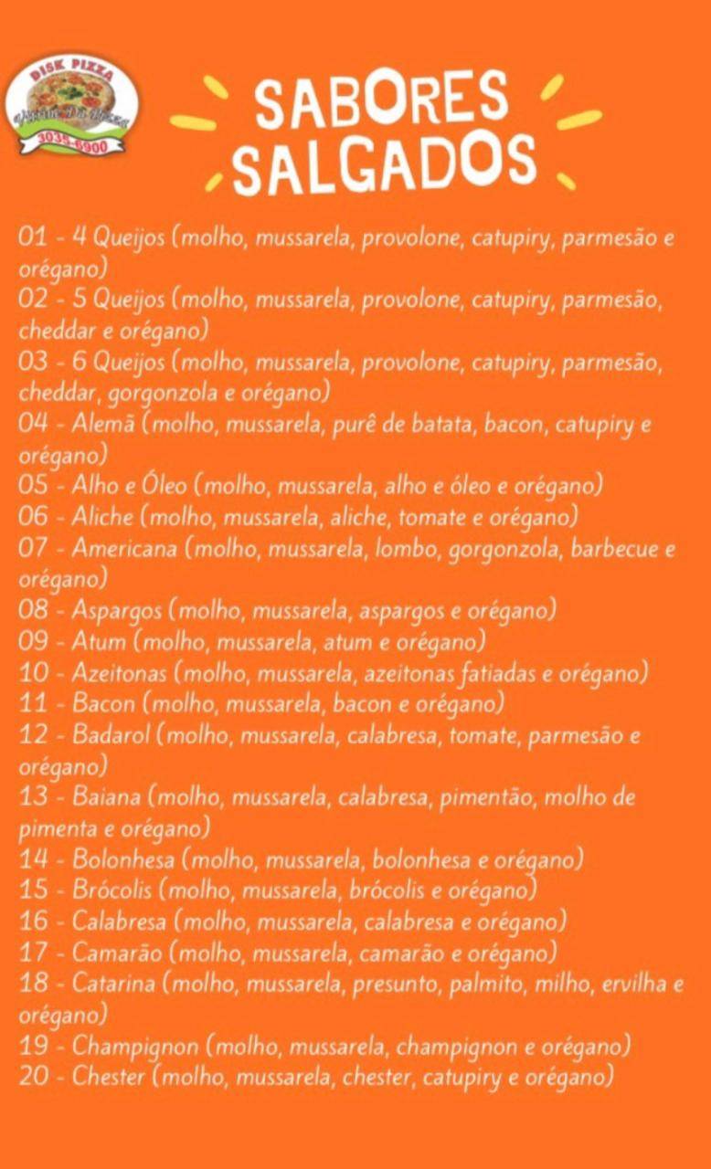 Vitrine da Pizza cardápio