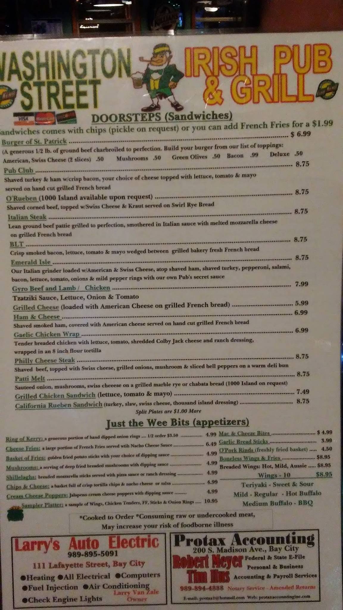 Menu at Washington Street Irish Pub, Bay City