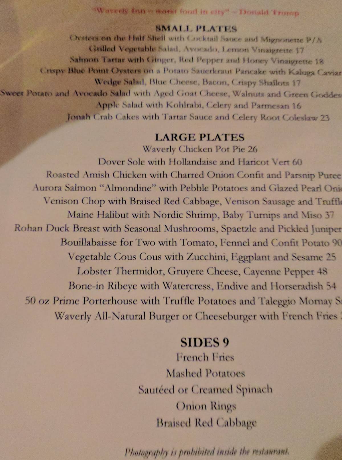 Menu at Waverly Inn restaurant, New York City