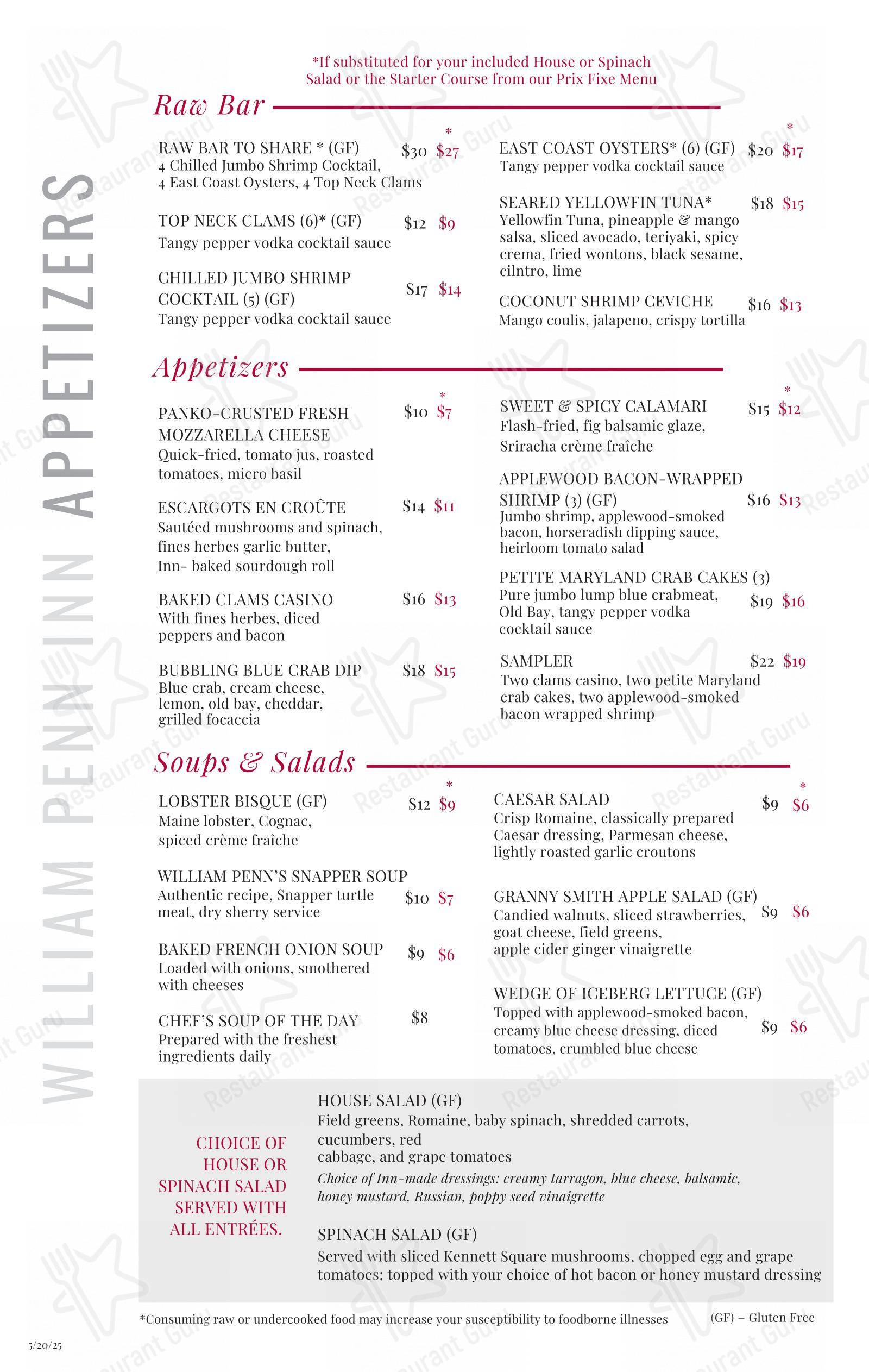 Menu at William Penn Inn restaurant, Gwynedd
