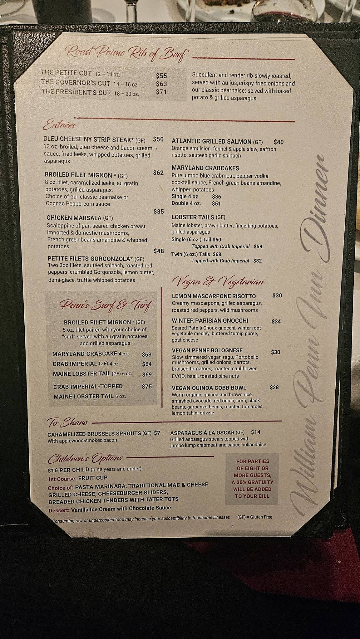 Menu at William Penn Inn restaurant, Gwynedd