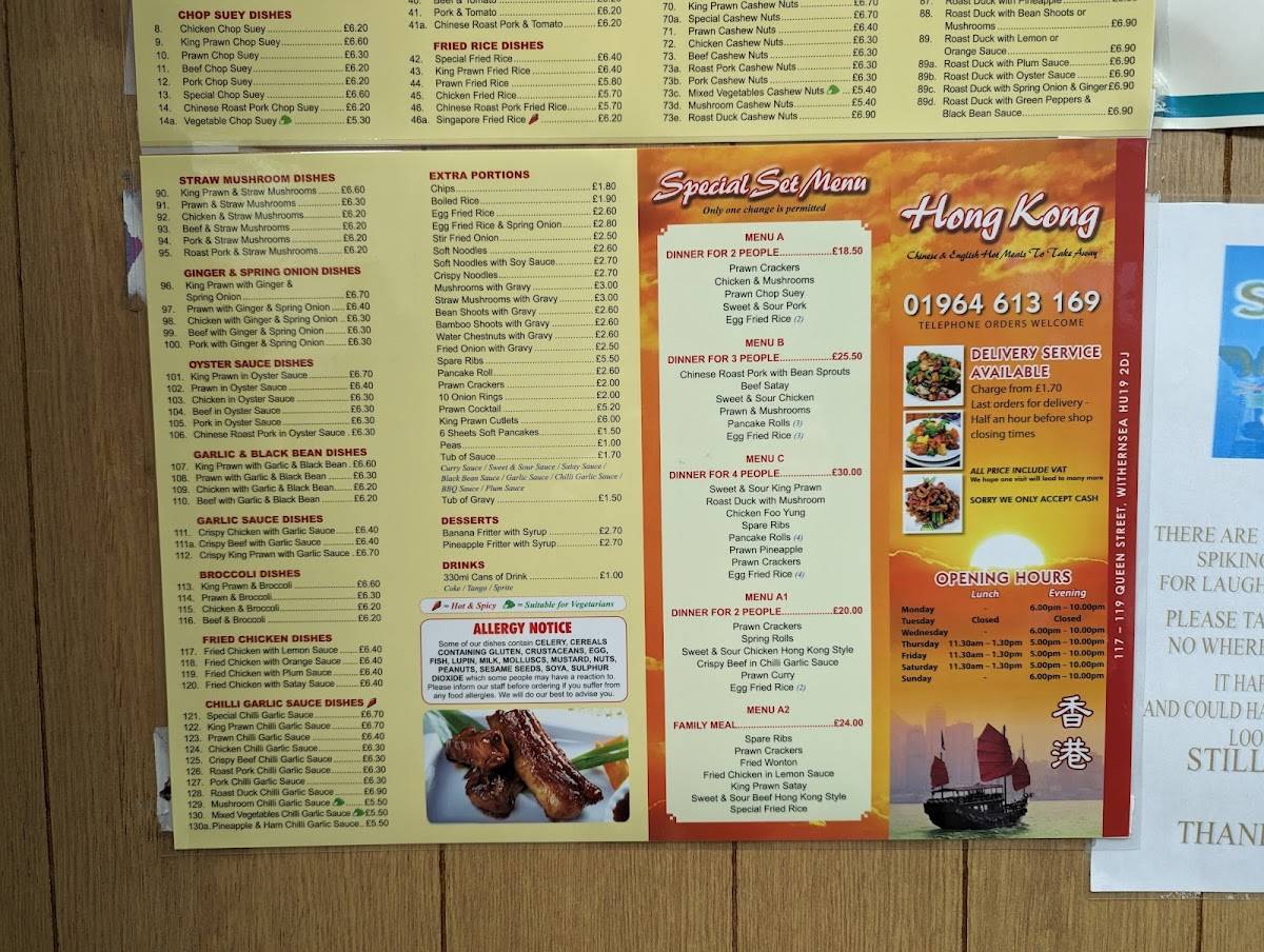 Menu at Hong Kong fast food, Withernsea