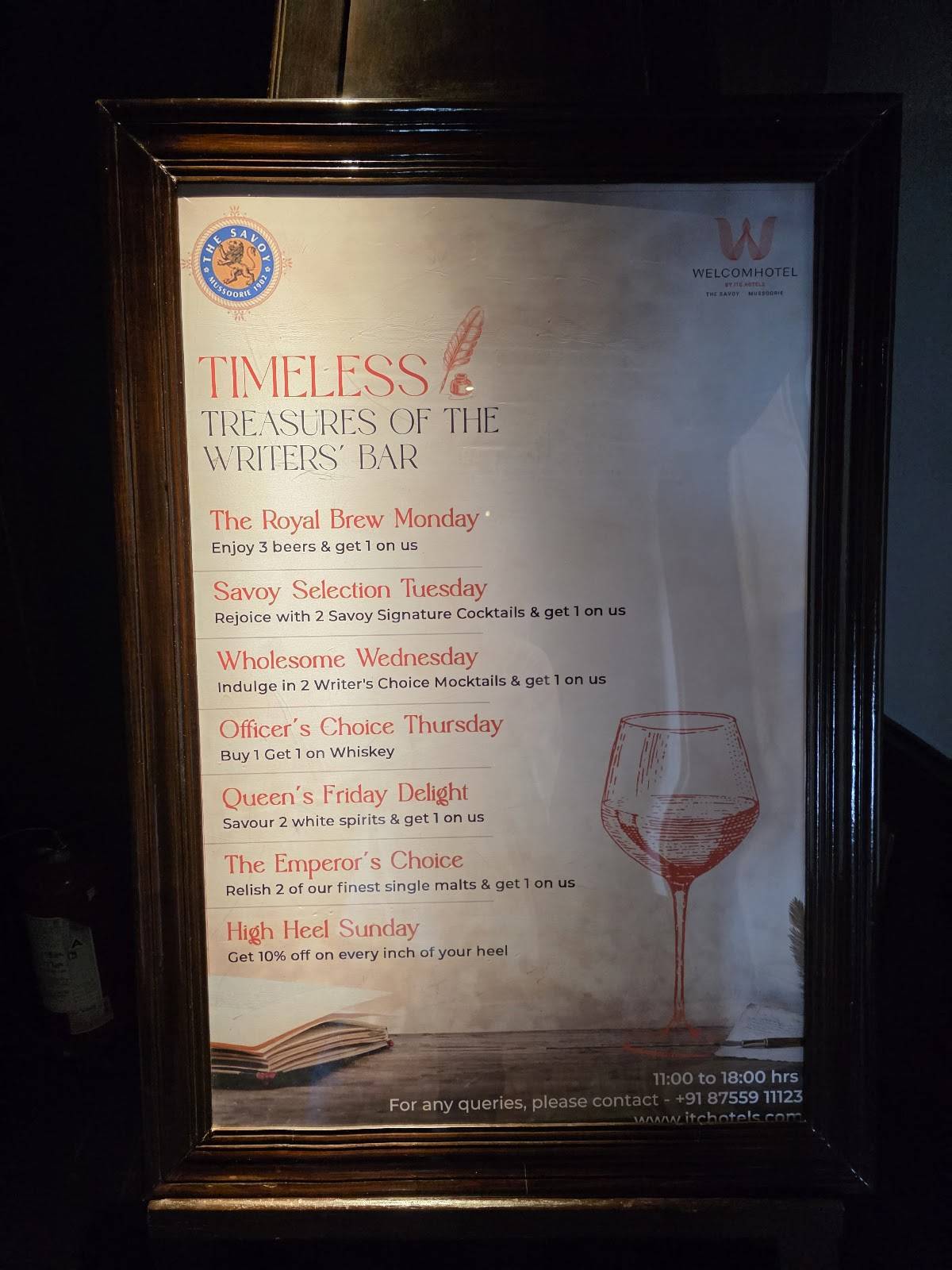 Writer's Bar menu