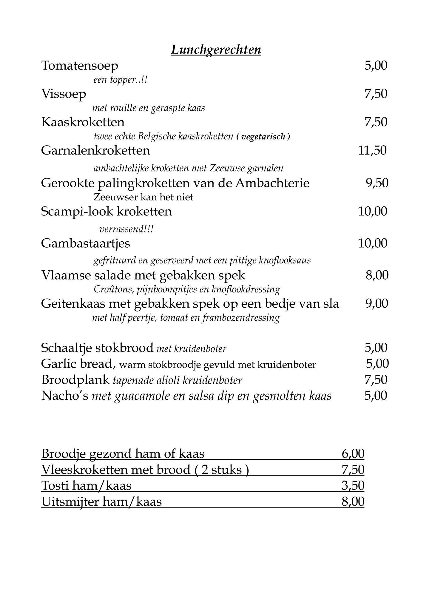 Yachtclub Colijnsplaat menu