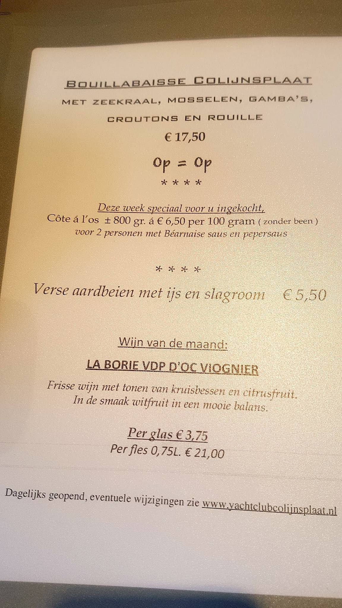 Yachtclub Colijnsplaat menu