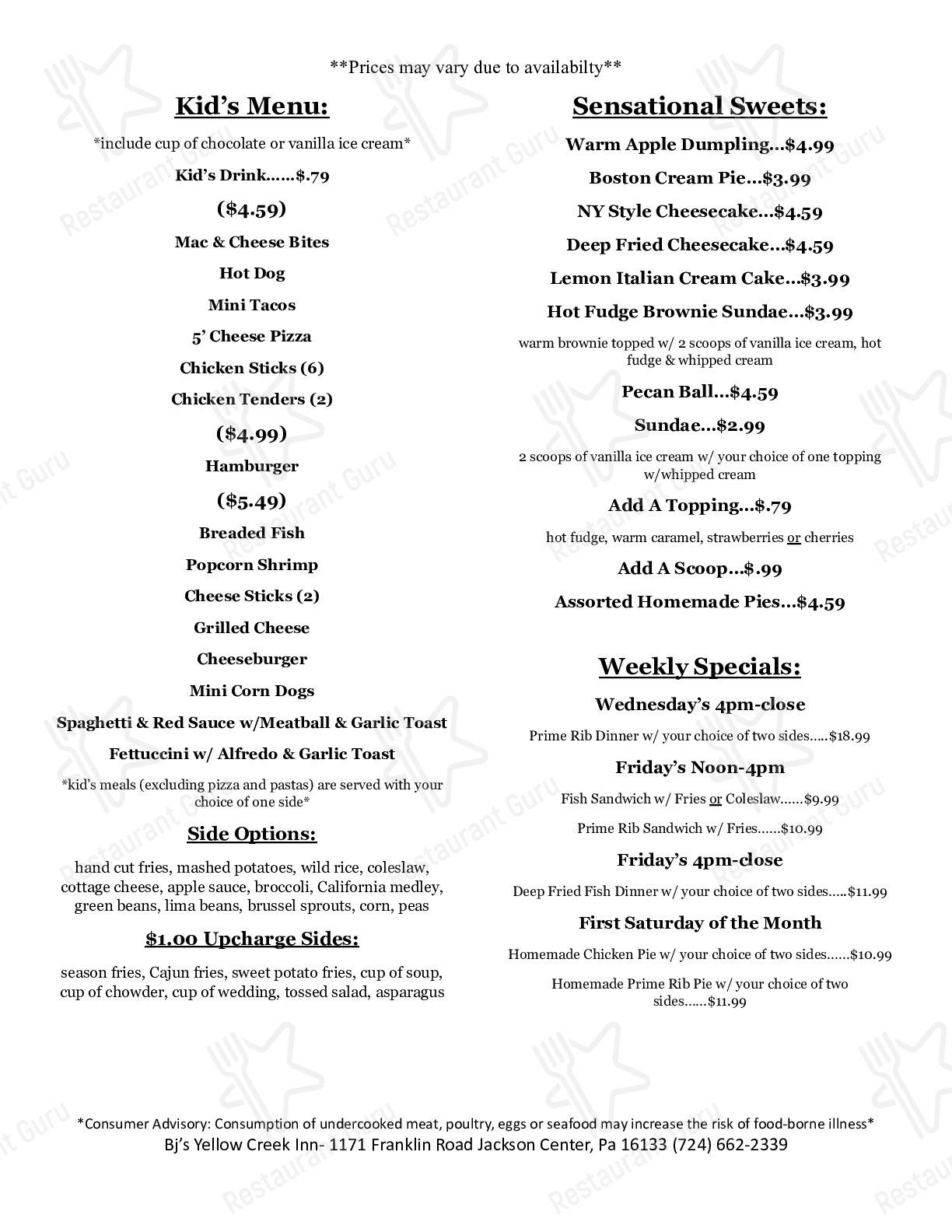 Menu at Yellow Creek Inn restaurant, Jackson Center
