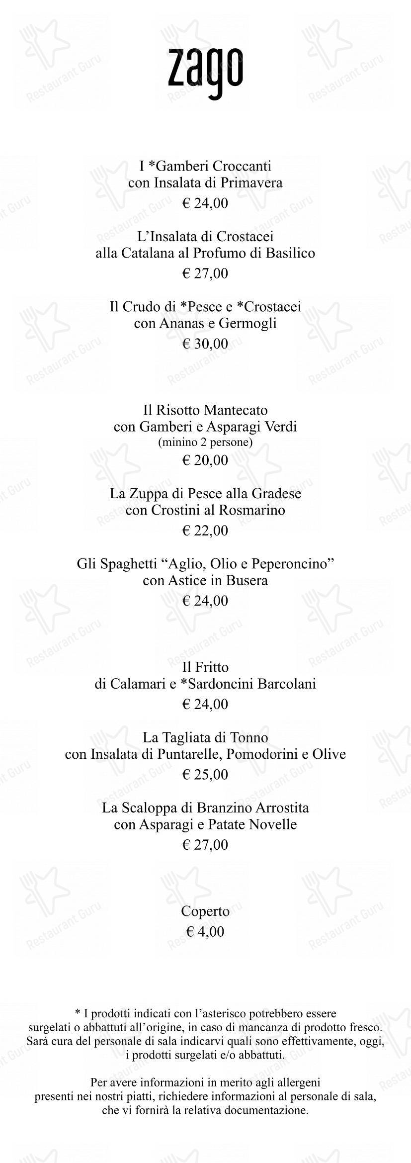 Menu bar per Zago ristorante
