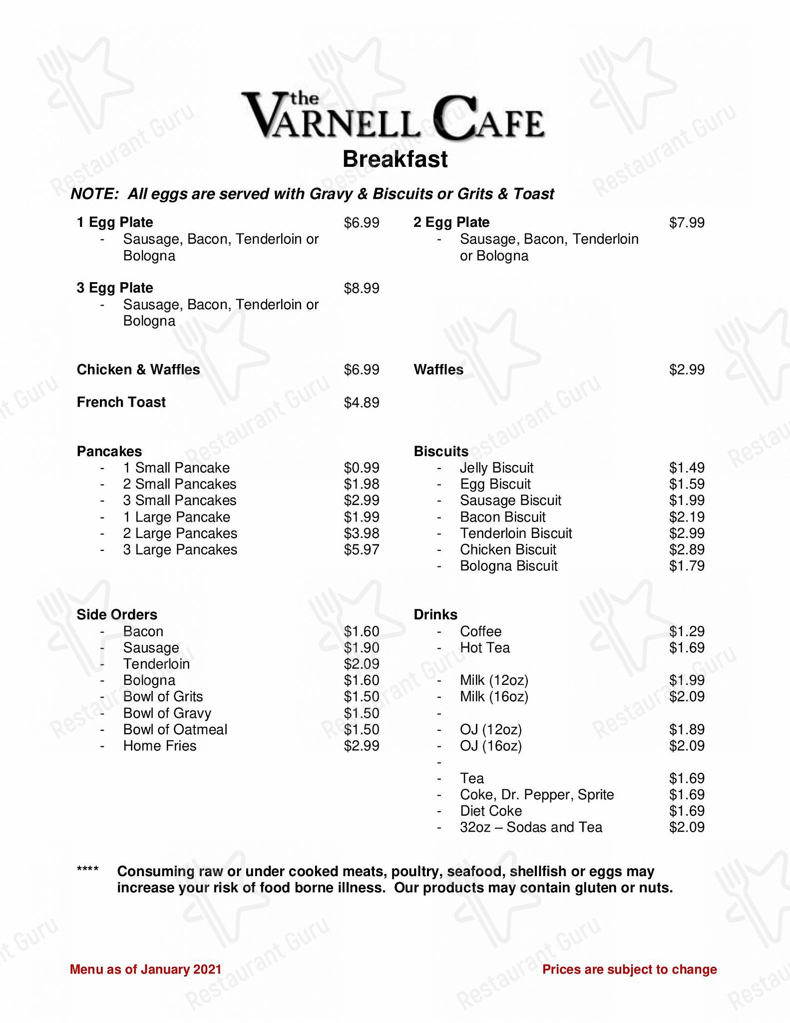 Menu at Varnell Cafe, Dalton, Cleveland Hwy