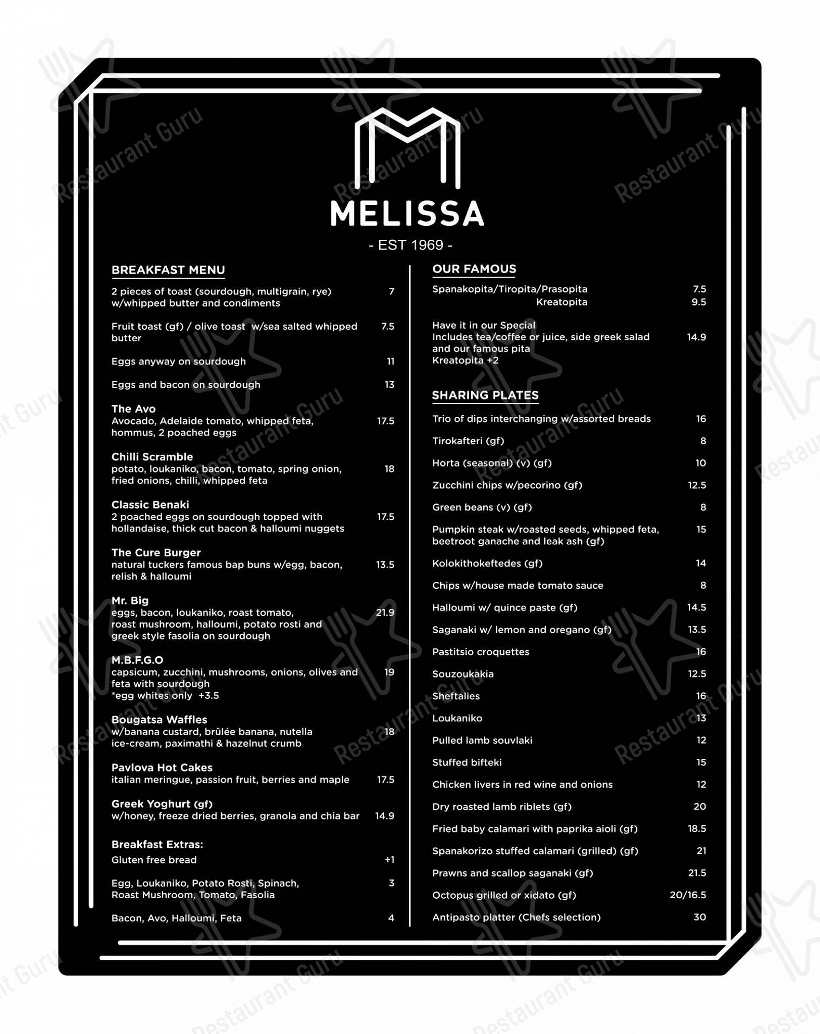 Menu at Melissa Cakes Cafe Bar., Templestowe