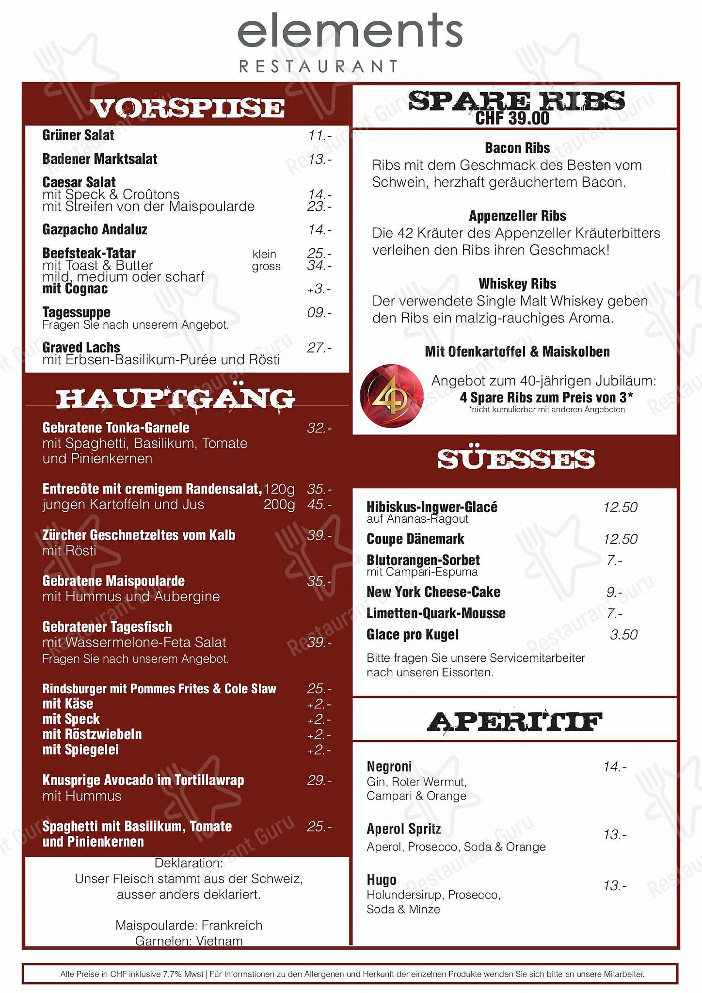 Restaurant elements in Baden - OUR MENU