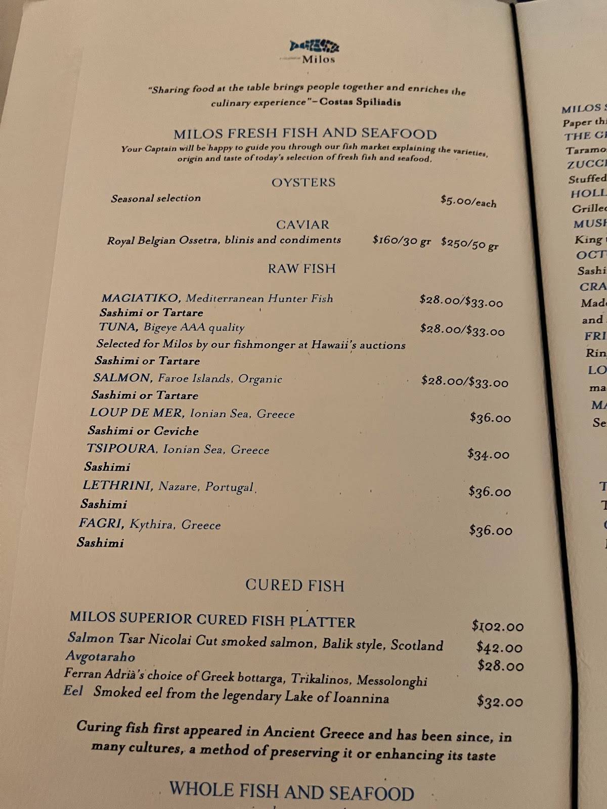 Menu at estiatorio Milos Hudson Yards restaurant, West New York, 20 ...