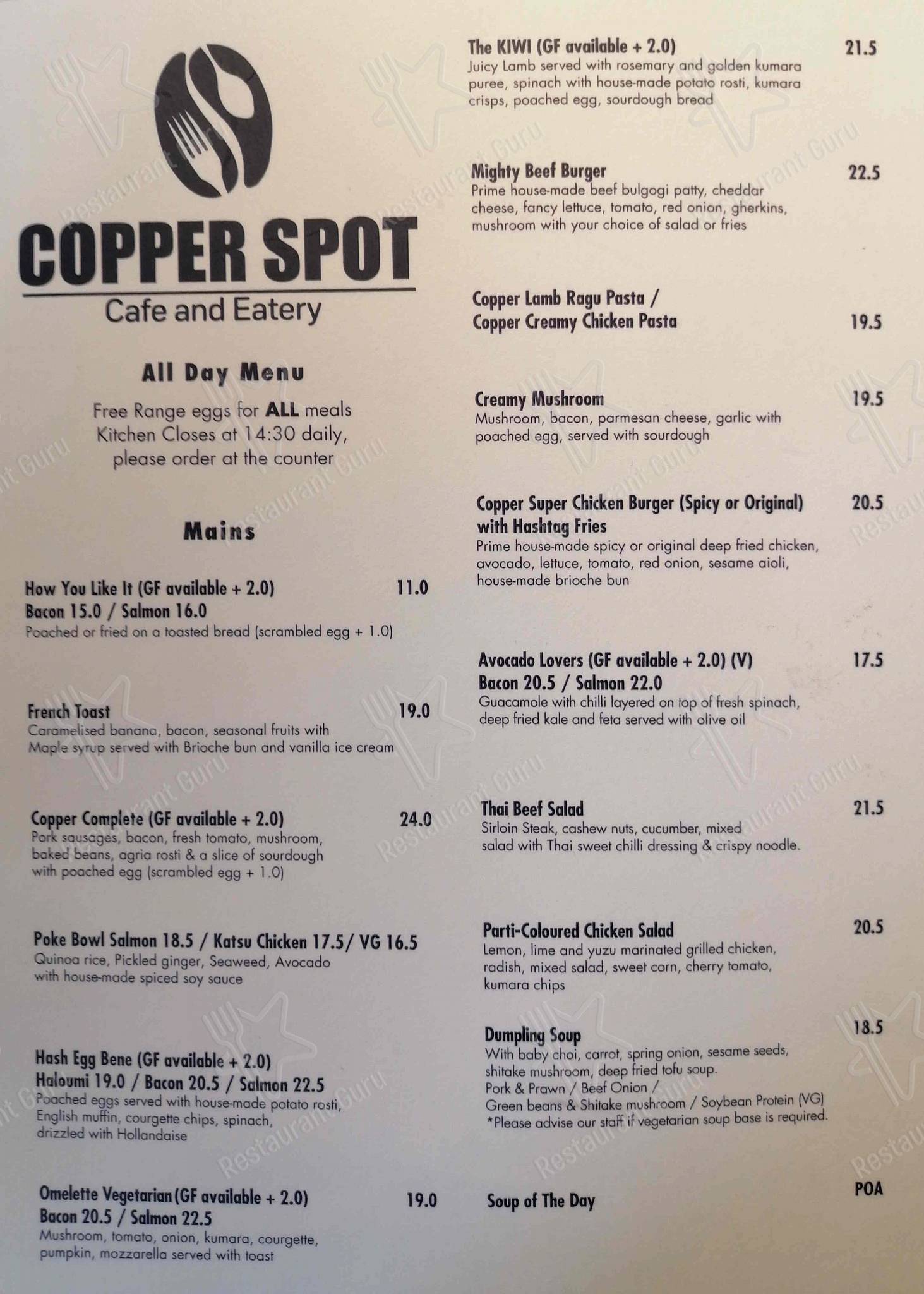 Menu At Copper Spot Cafe And Eatery Auckland