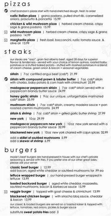 Menu de Moxies Bayers Lake Restaurant