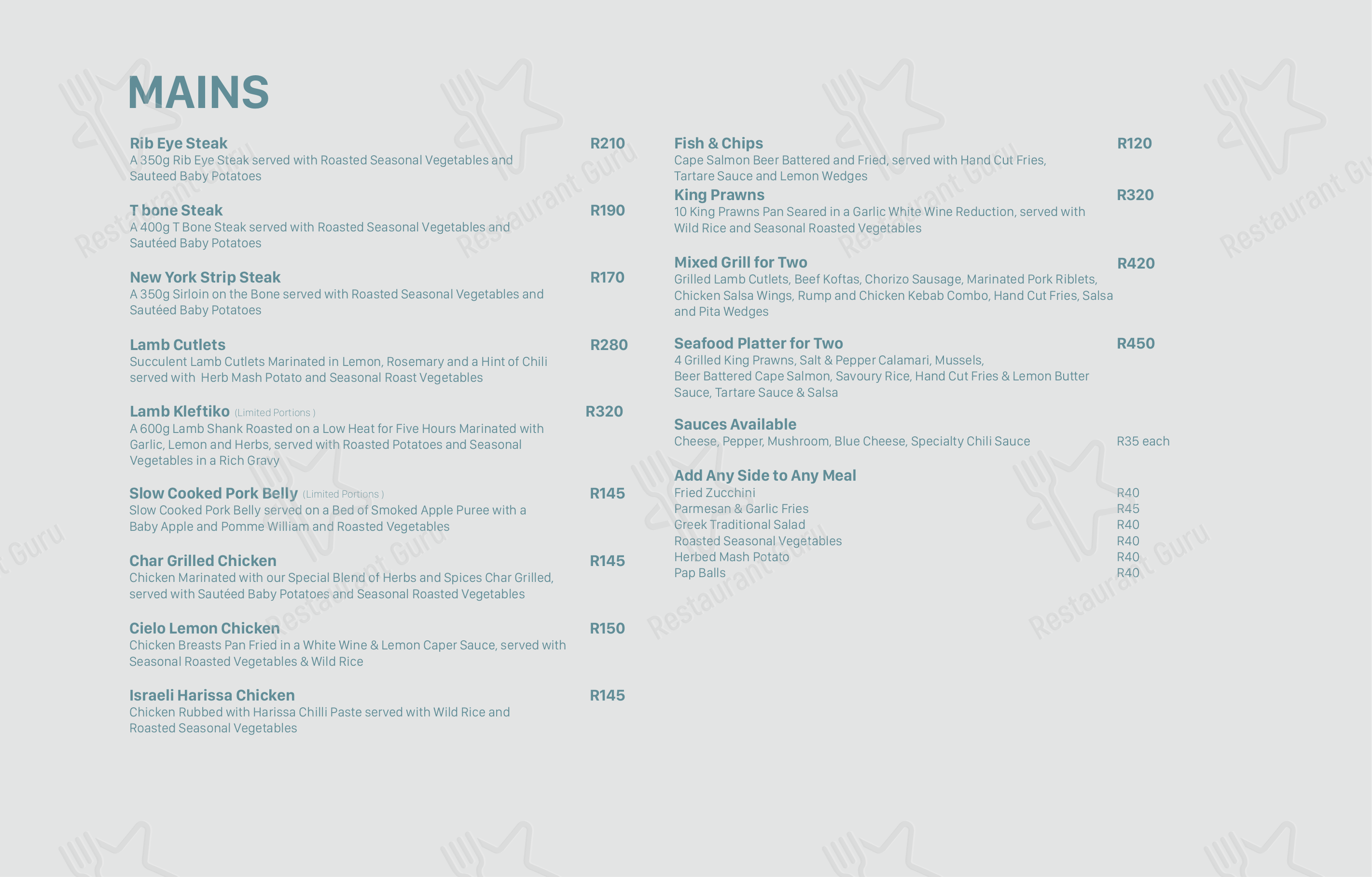 Menu at Cielo Restaurant, Benoni