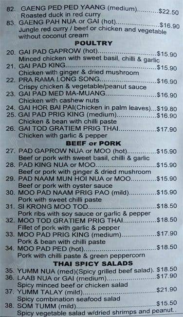 Baan Thai Restaurant menu