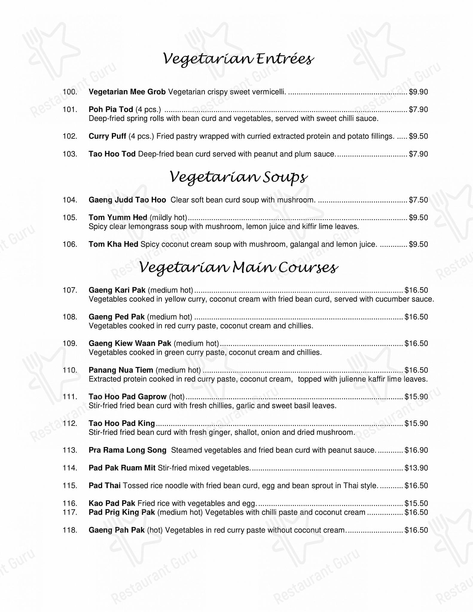 Baan Thai Restaurant menu