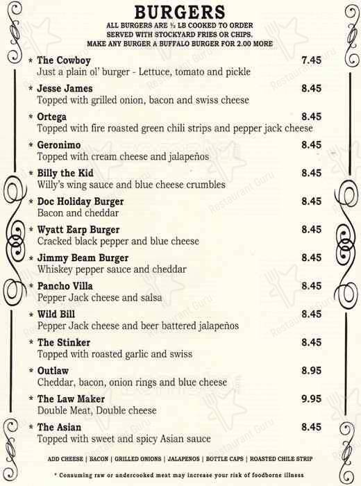 Denver Stockyard Saloon - The Yard Bar menu