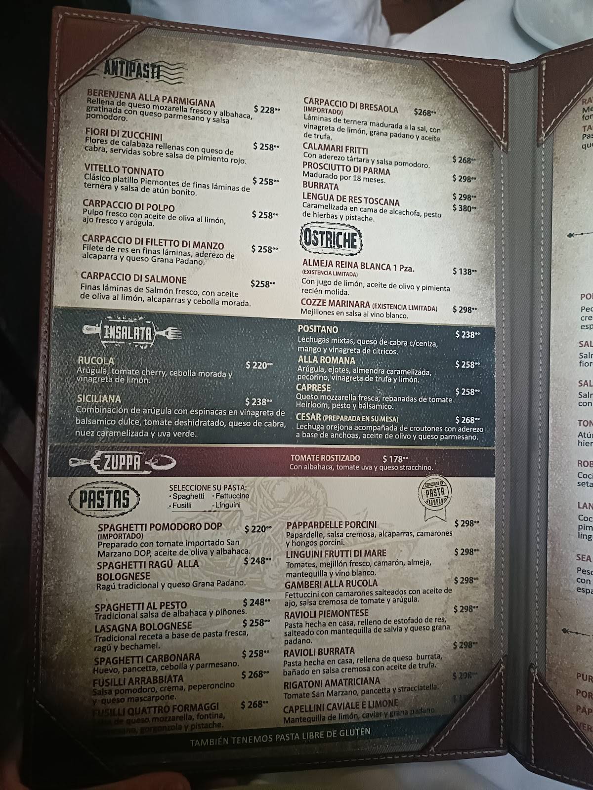 Carta del restaurante il Duomo, Guadalajara