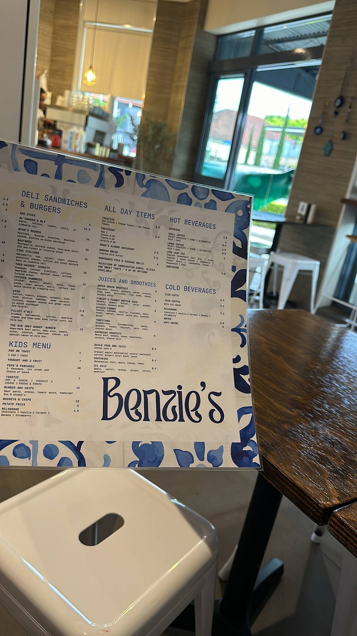 Menu at Benzie's Cafe, Botany