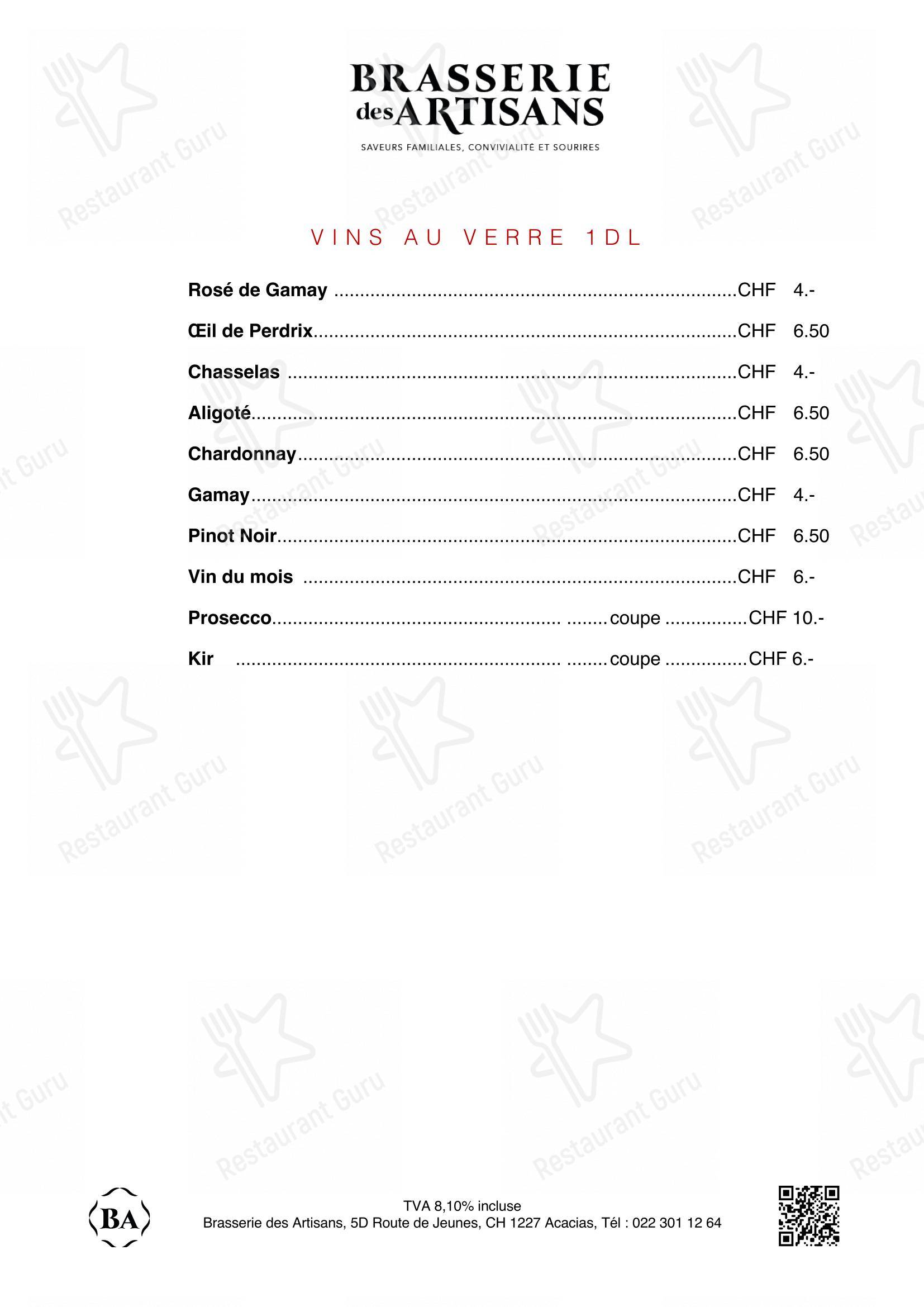 Menu per Brasserie des Artisans in Ginevra