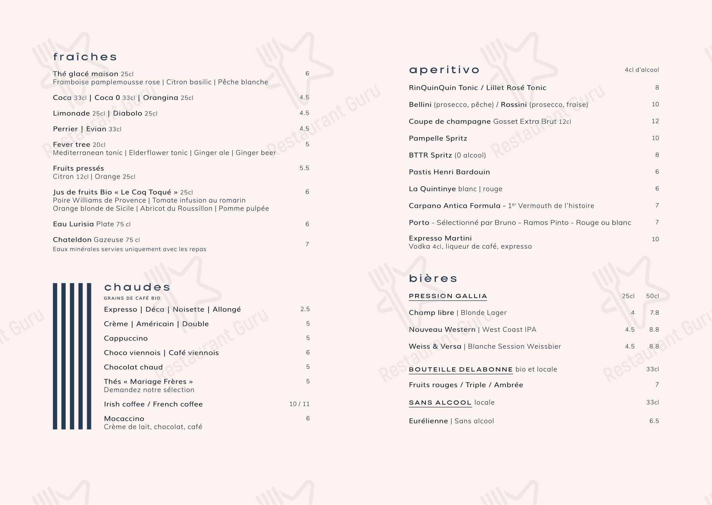 Menu pour Cobalt restaurant