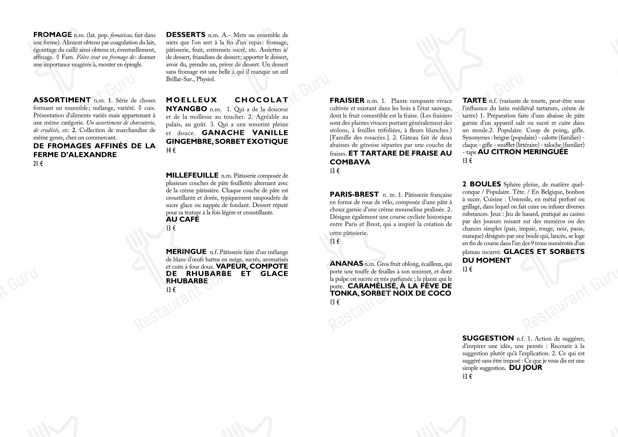 Menu pour Restaurant Derrière dans Paris