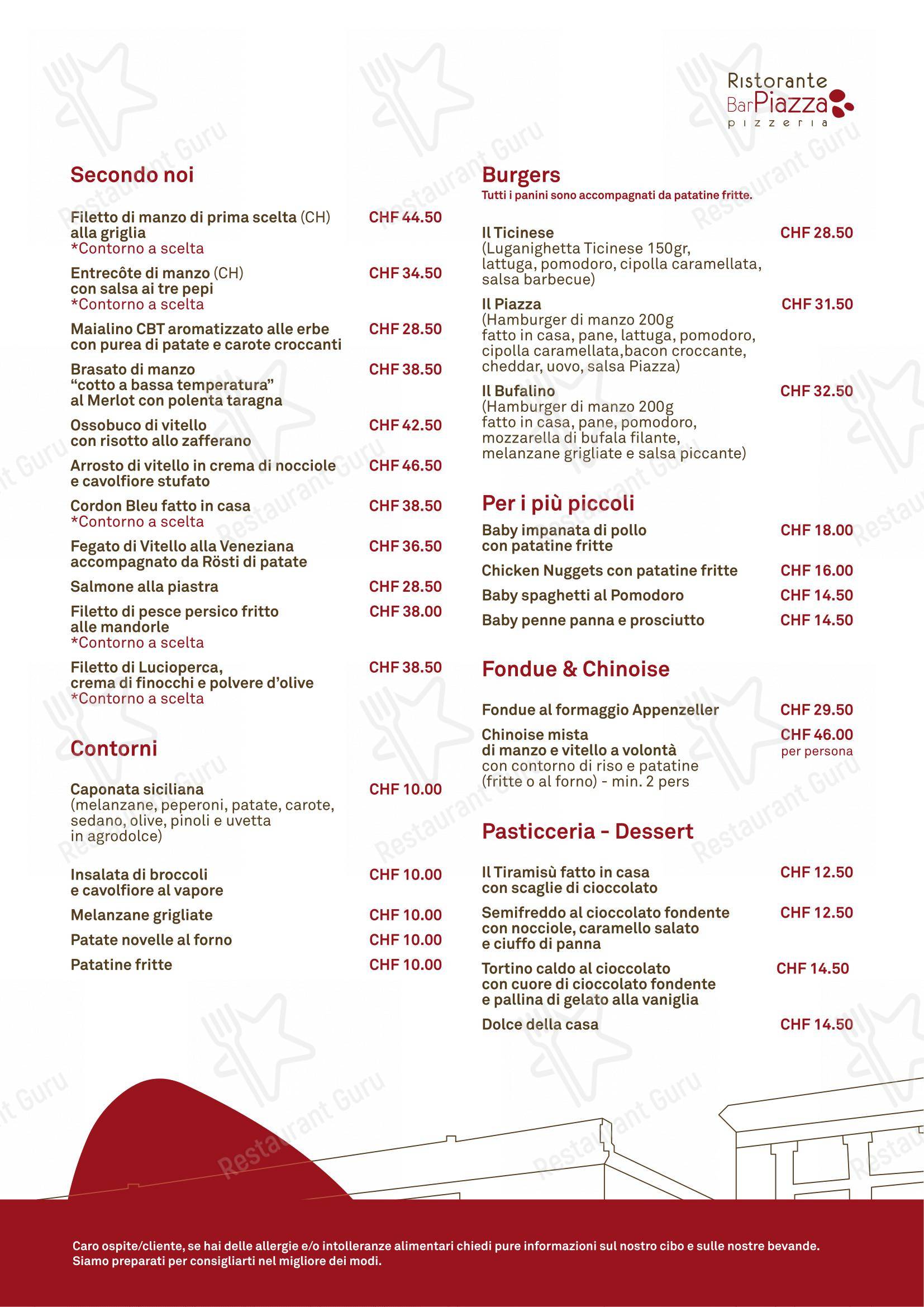 Menu per Ristorante Bar Piazza in Locarno
