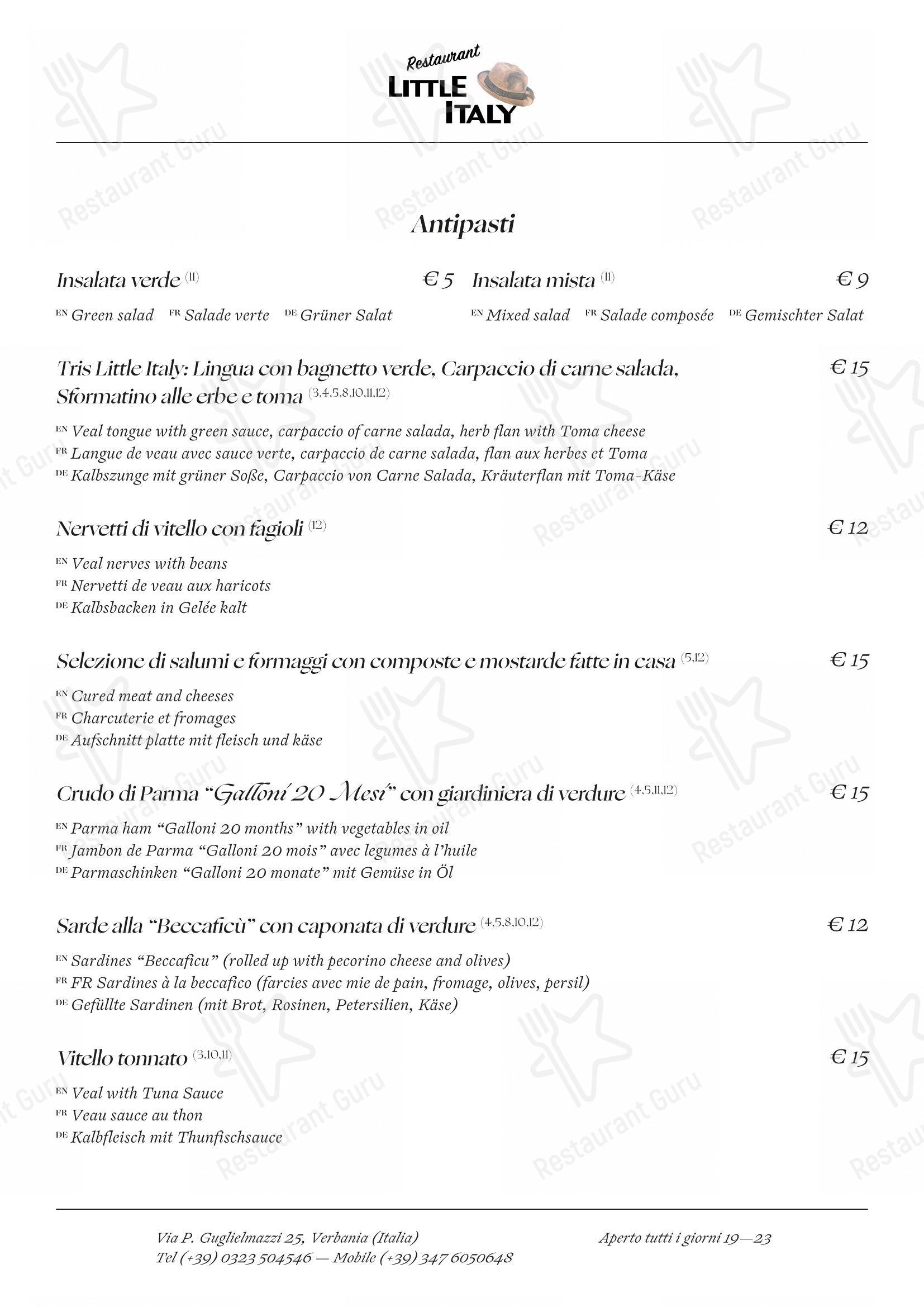 Menu pour Ristorante Little Italy - Menu