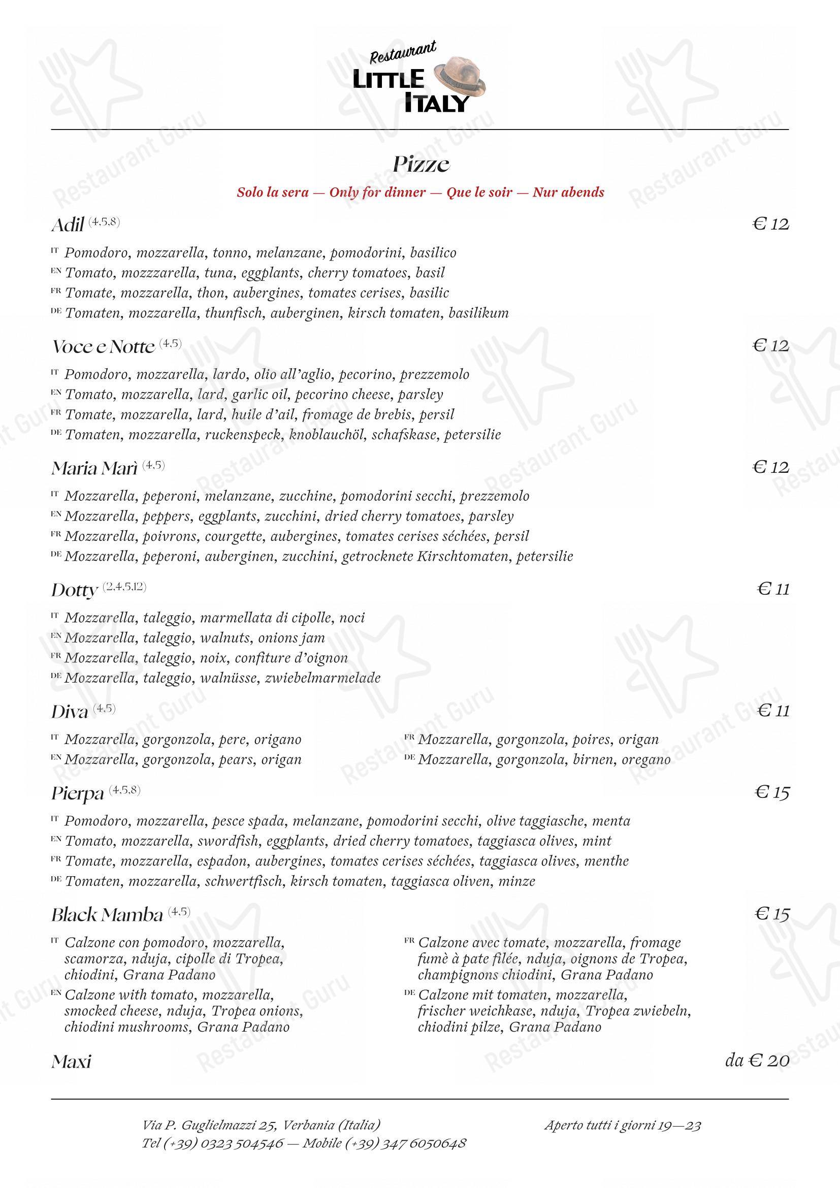 Menu pour Ristorante Little Italy restaurant