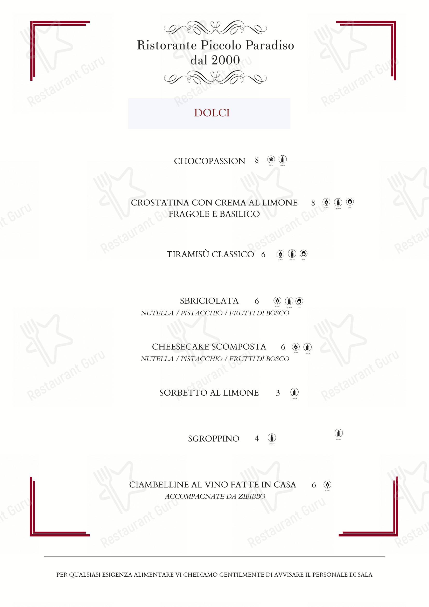 Menu di Ristorante Piccolo Paradiso Roma (Casalotti) - Menu bar