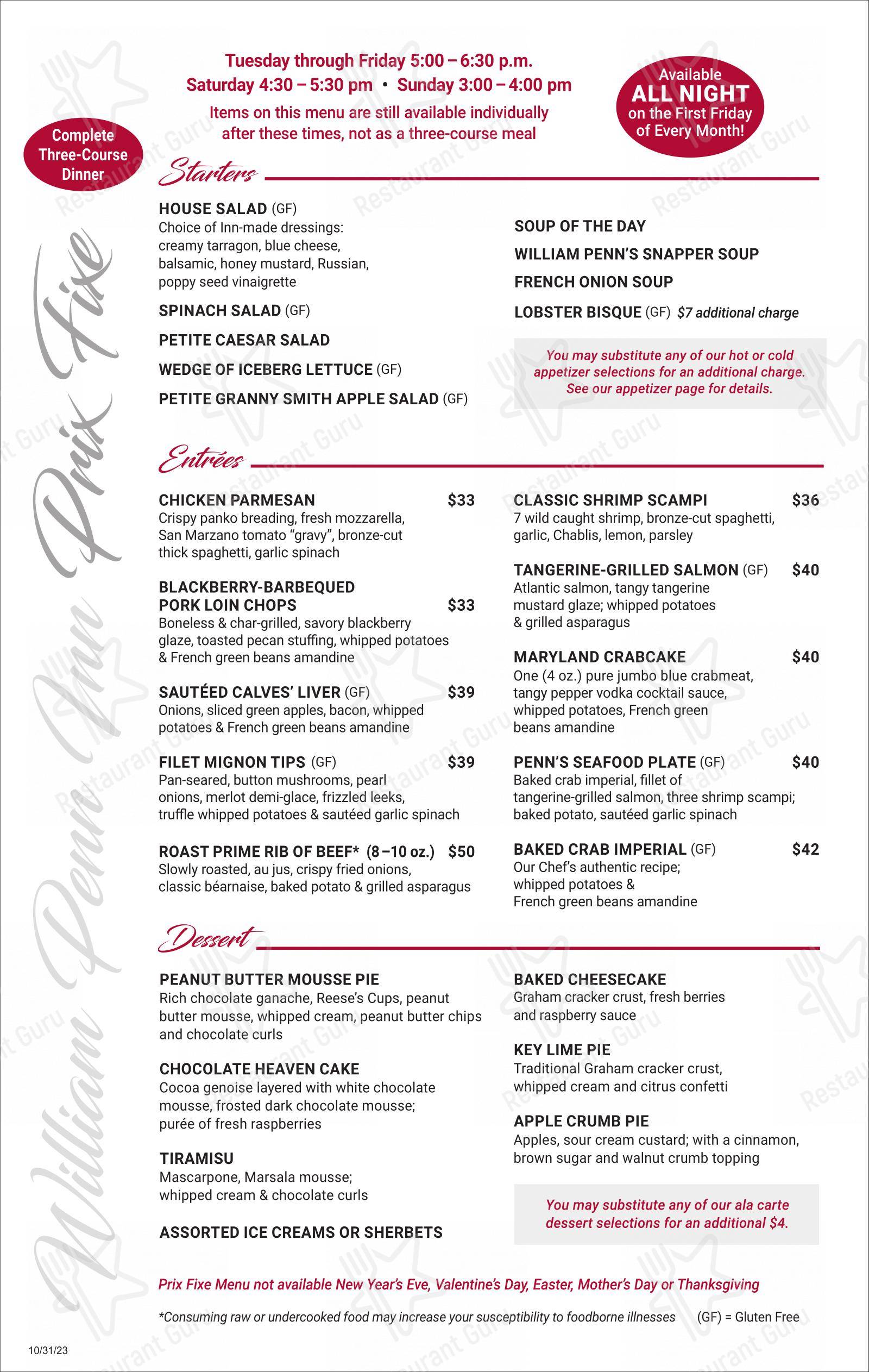 Menu at William Penn Inn restaurant, Gwynedd