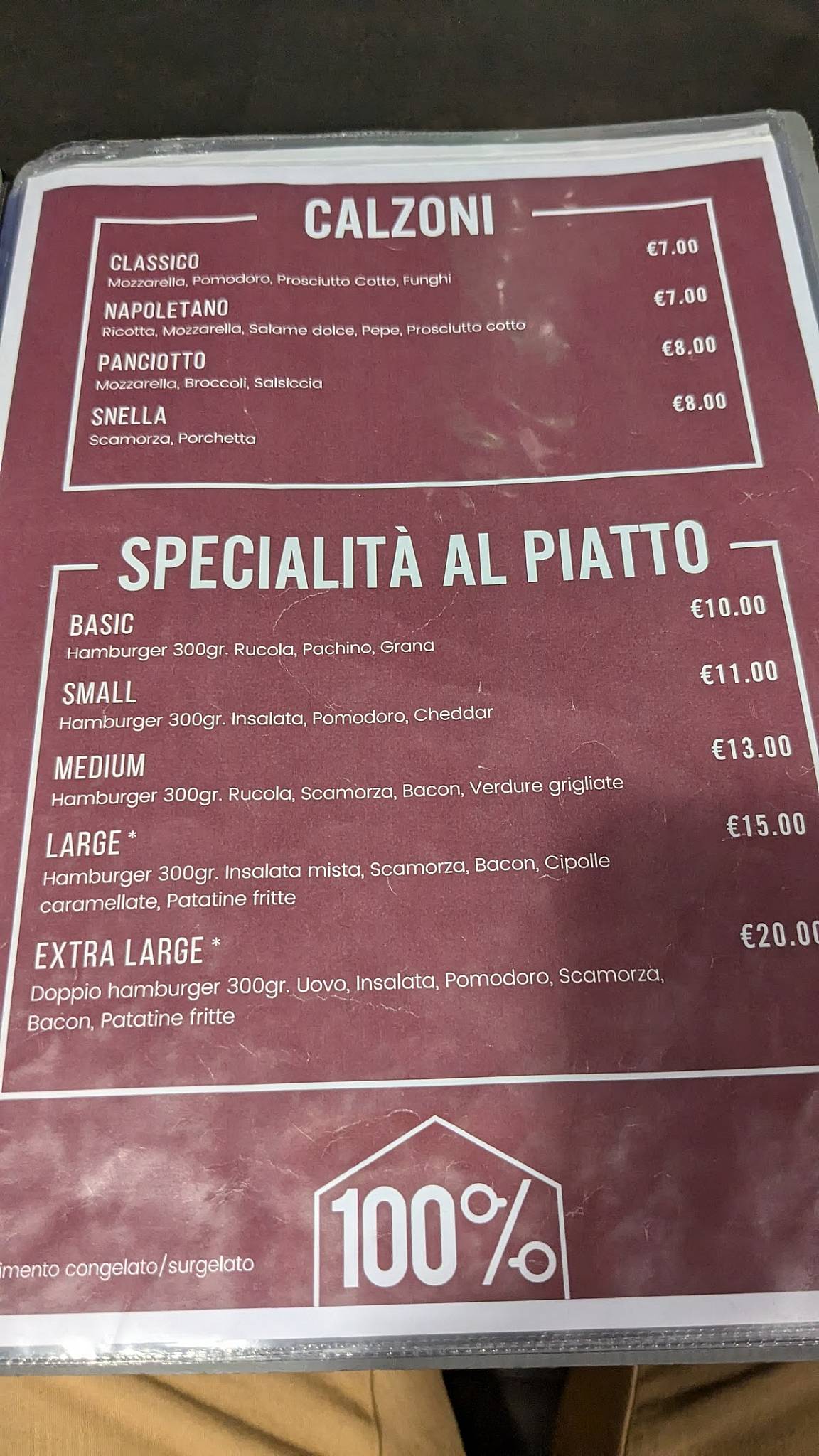 Menu di 100% Ristorante Pizzeria 