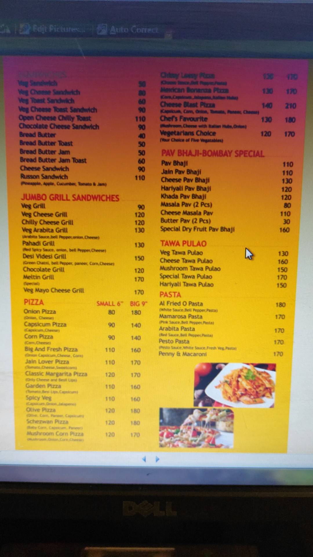 A Ccream Corner menu