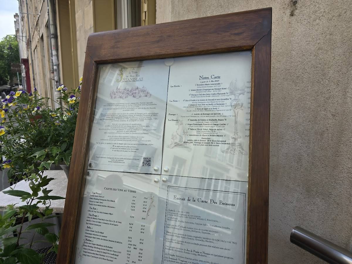 Menu de A la Table du Bon Roi Stanislas