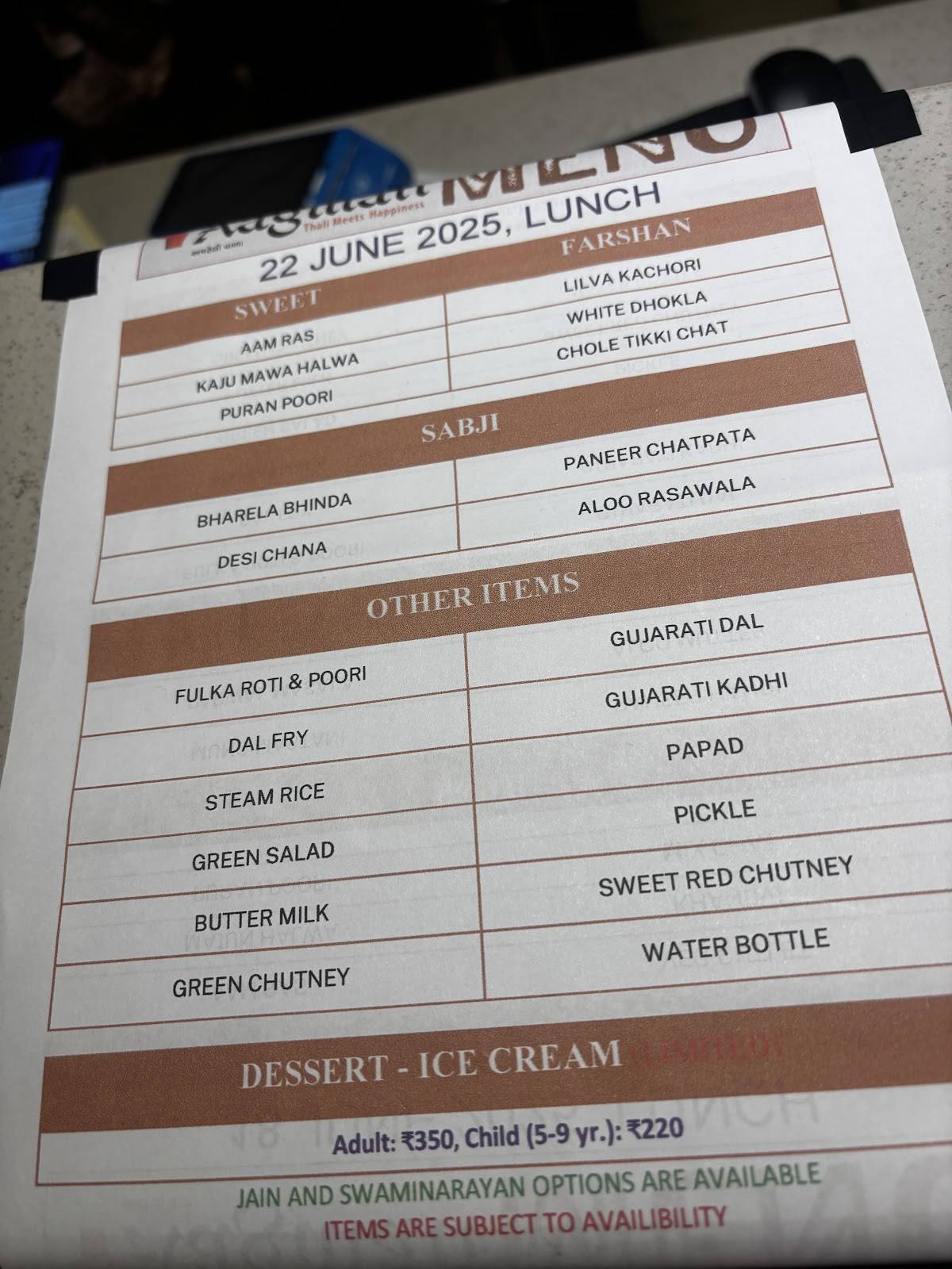 Aagman Thal Restaurant & Banquet menu