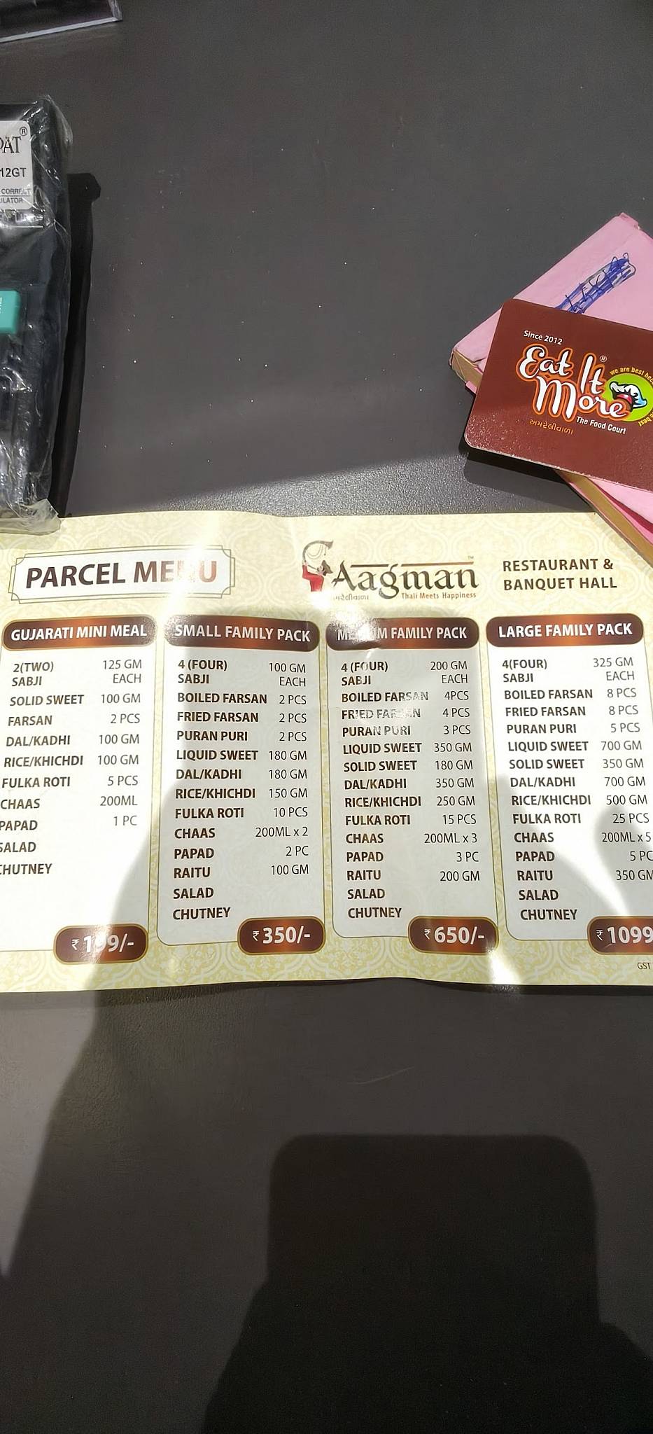 Aagman Thal Restaurant & Banquet menu