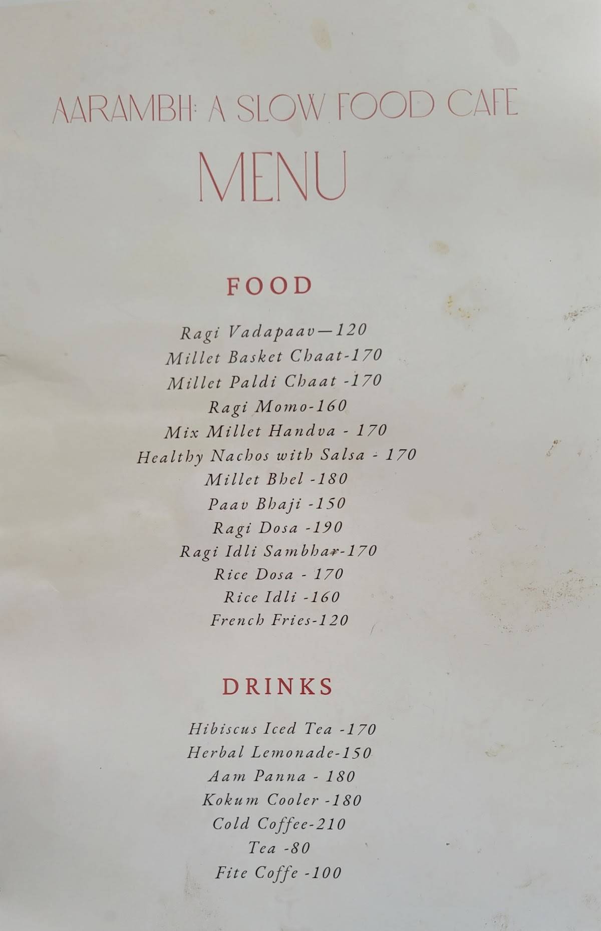 Aarambh Cafe menu