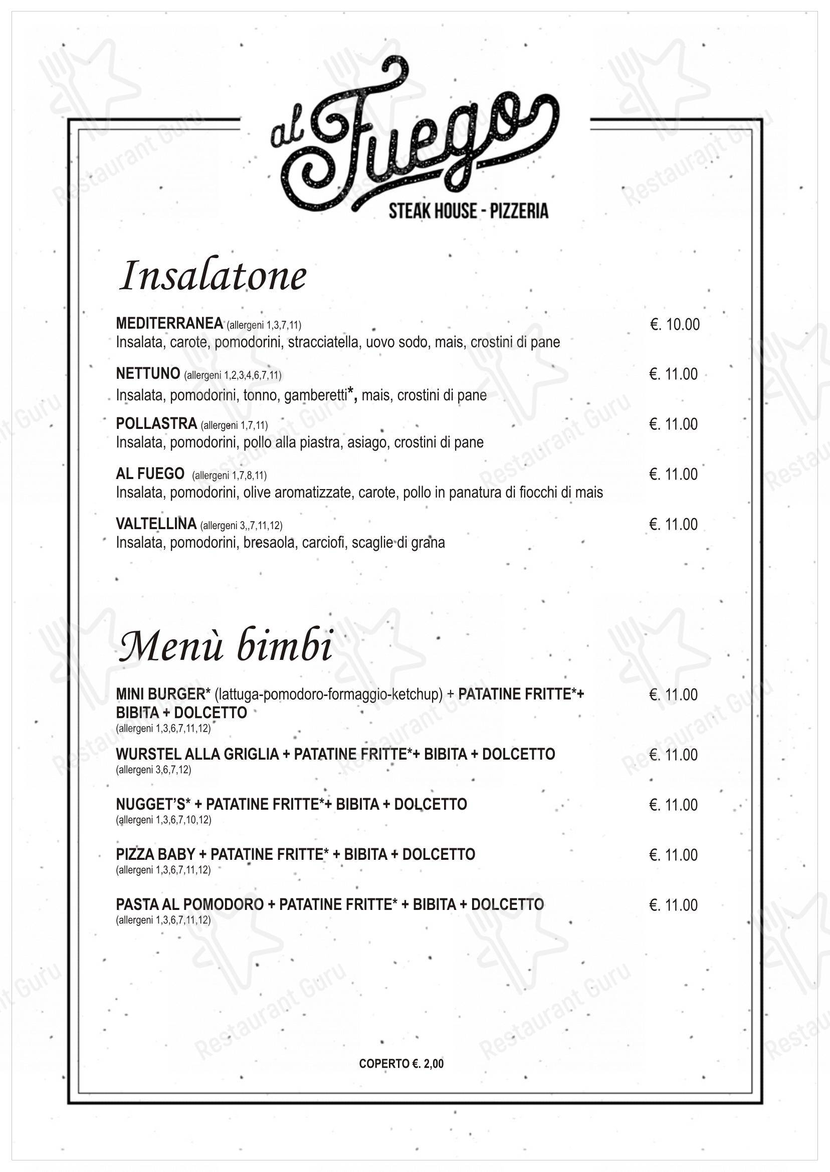 Menu per Al fuego ristorante