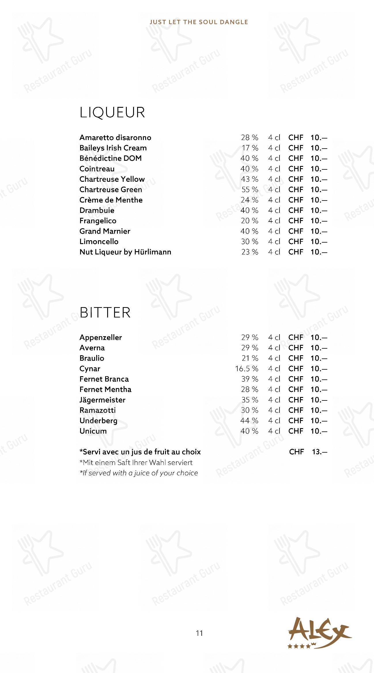 Menu per Alex Lounge Bar & Fumoir in Zermatt