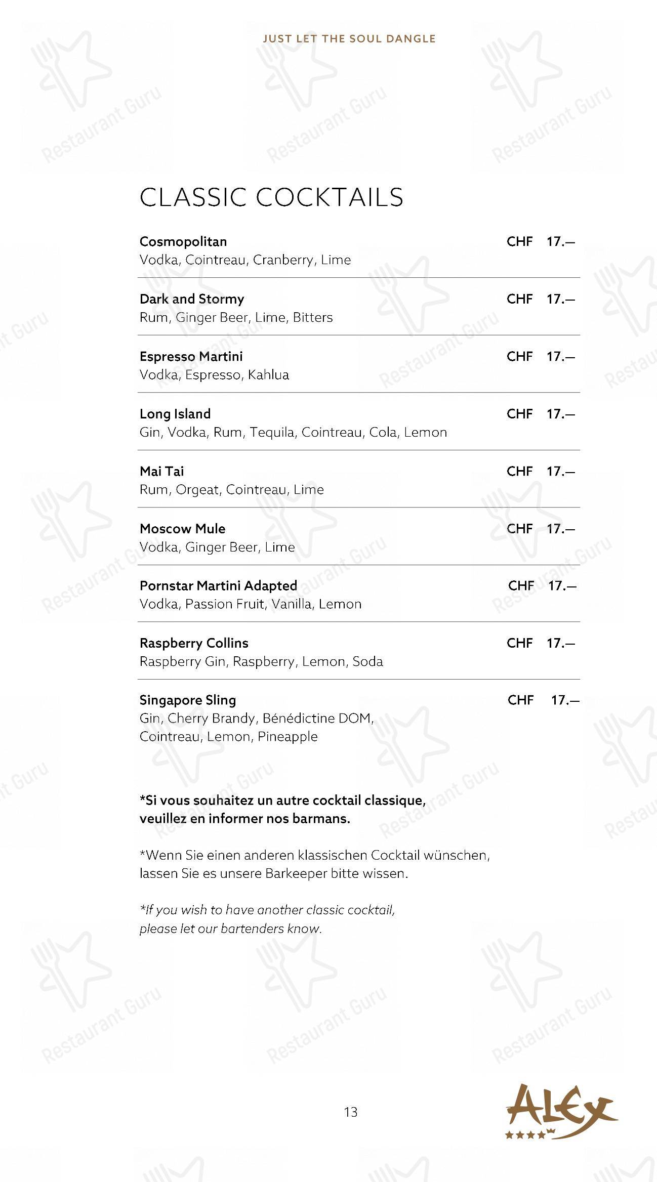 Alex Lounge Bar & Fumoir in Zermatt - Menu