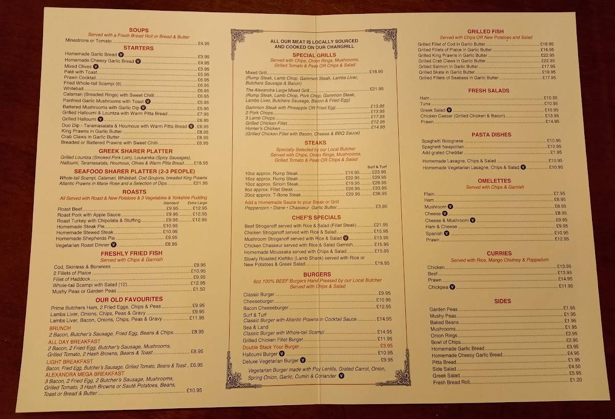 Menu at Alexandra Restaurant, Great Yarmouth
