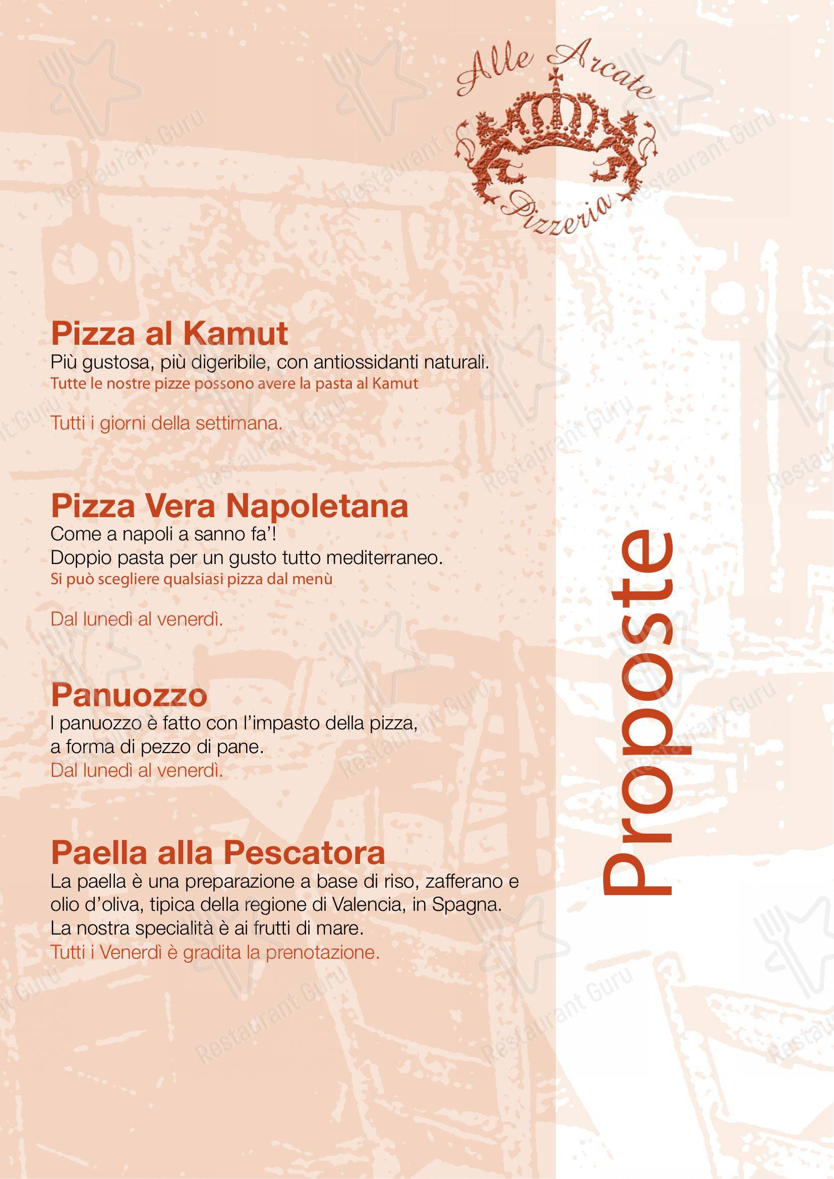 Menu per Alle Arcate pizzeria