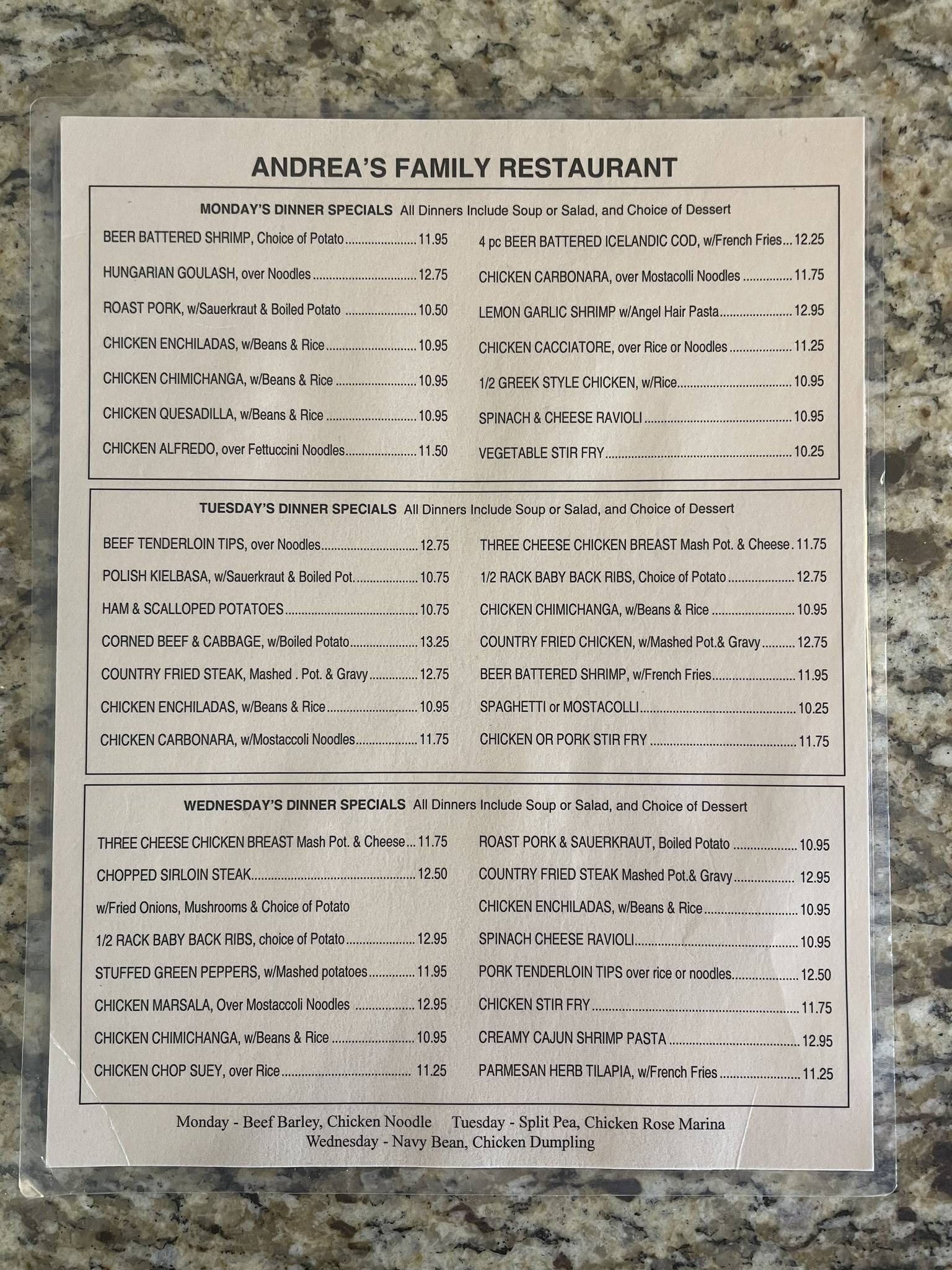Menu at Andrea’s Family Restaurant, Cudahy